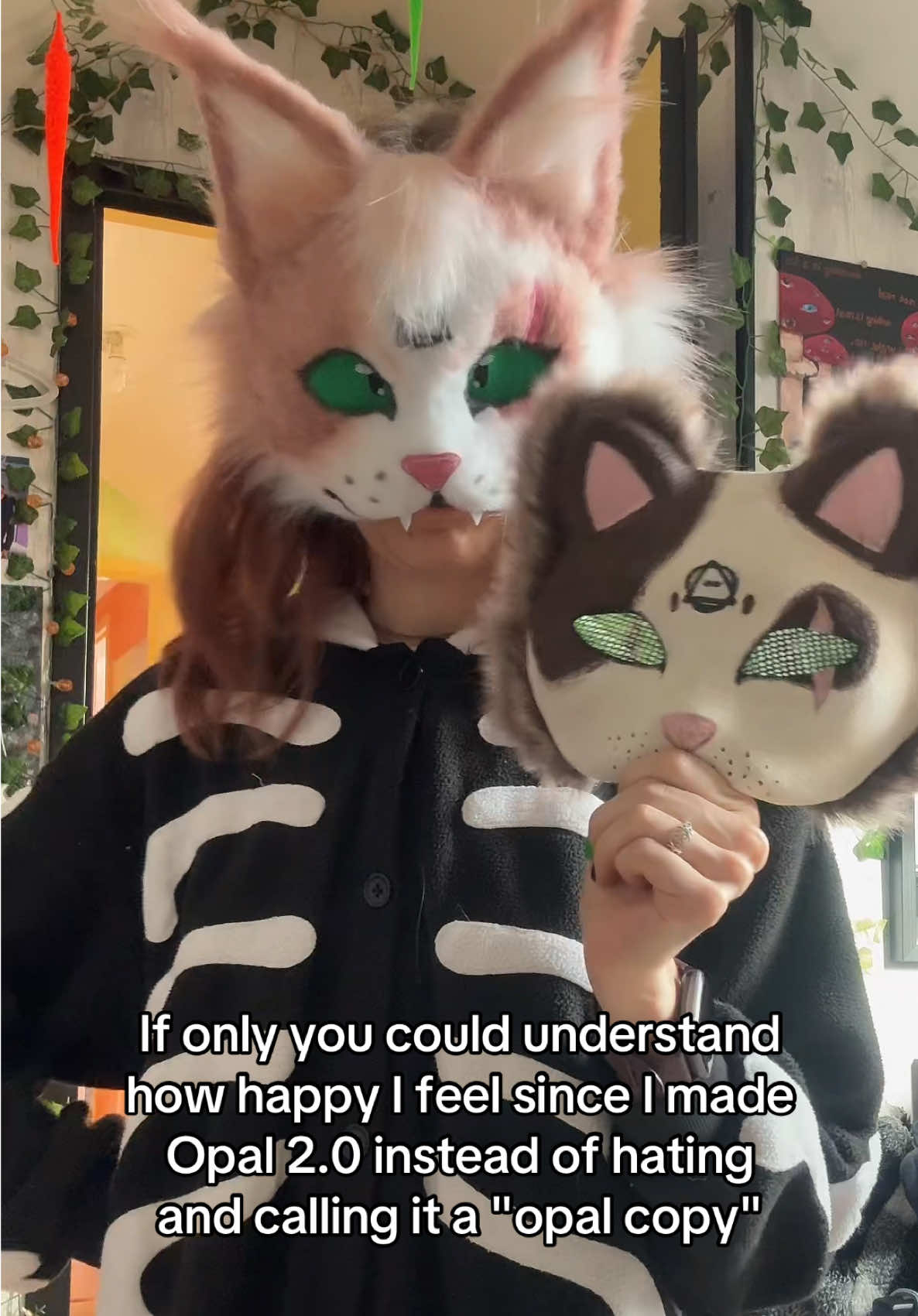 Opal is completely ok with my mask and doesn’t even feel it’s a copy I literally have proofs on my pinned video 🥱 like calm down guys it’s just a calico cat species with a stone name, having the same name doesn’t make it a copy because they definitely DON’T look the same 😮‍💨  #cosmosonpaws #cosmos #therian #therianthropy #theriantiktok #mask #fyp 