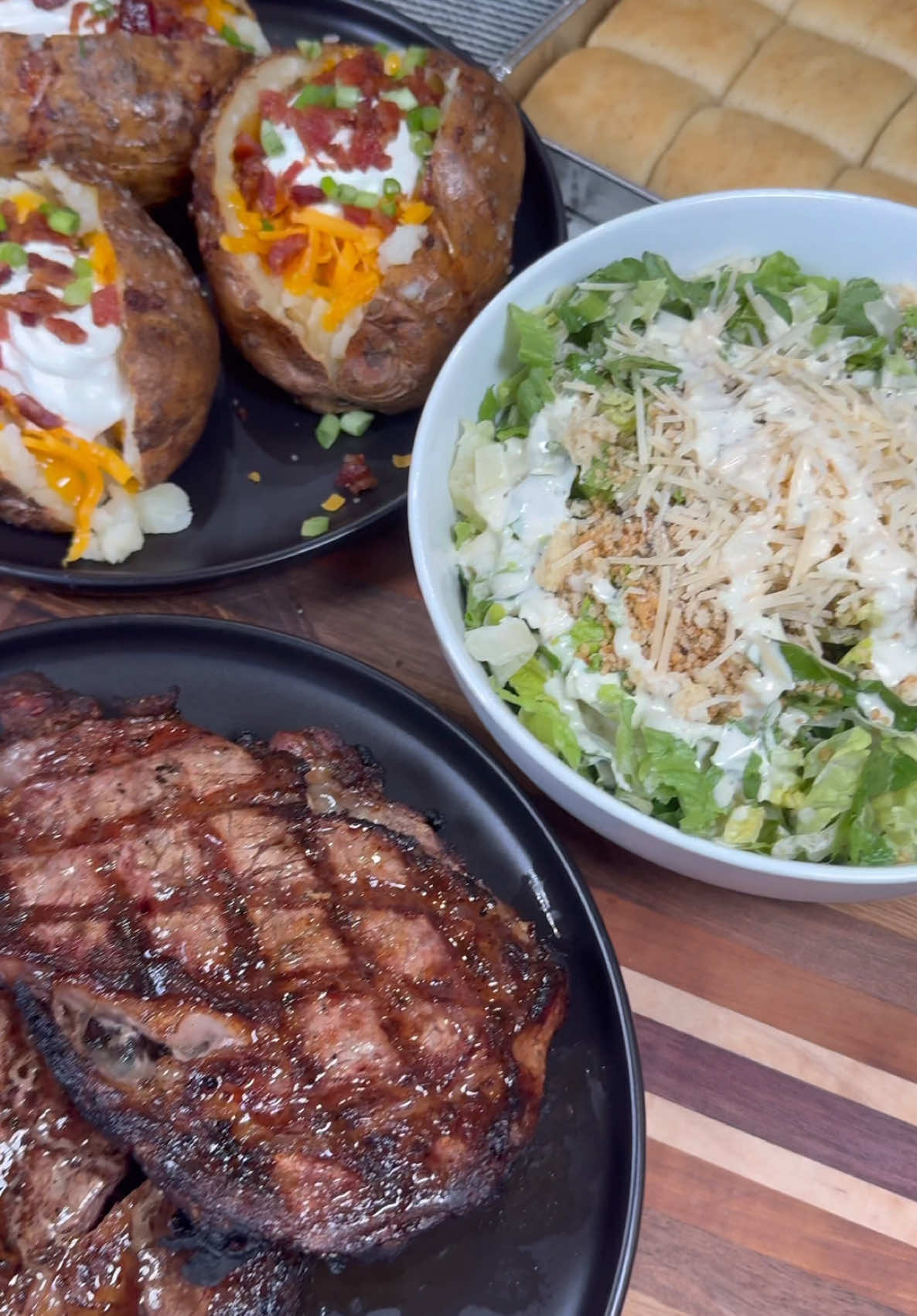 Steak Night at home is always a hit!  #easydinner #steak #texasroadhouse #salad #rolls #grilling