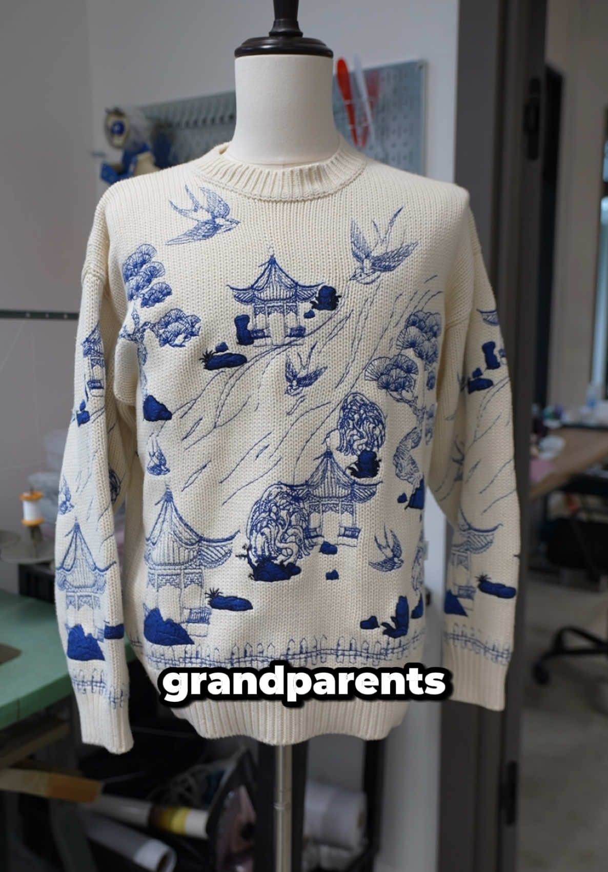 - [ ] My name is YITAI and this is day 9 of me showcasing my fashion designs. This is the fine china embroidery sweater I made and It’s inspired by this fine china porcelain that my grand parents had. This sweater has over 700,000 embroidery swatches and the entire sweater is embroidered. It features chinese art elements such as pagodas, willow trees, and birds.  With this design, I wanted it to celebrate my memories with my grandparents and celebrate my Chinese culture through a wearable fashion design. #SmallBusiness #smallbusinessowner #yitai #fyp #knit #knitwear #knitting #fashion #sweater #embroiderysweater 