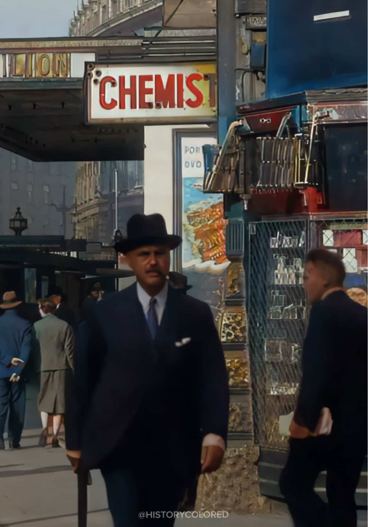 Restored footage from 1943 of pedestrians walking on the street near Piccadilly Circus in London, England. - Footage frame rate increased, upscaled and “colorized” by HistoryColored using AI technology. - Footage originally from: PET 956 R 5, Internet Archive, CC BY 2.0 - #history #london #england #restored #historicalfootage