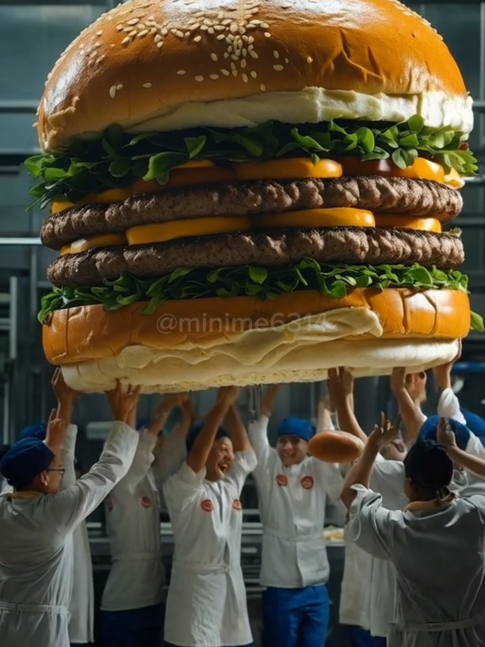 GIANT BURGER MADE BY TINY WORKERS 😮  #miniatureai #tinyworkers #miniatures #miniworld #miniaturecooking #miniaturefood #minime #miniatureworld 