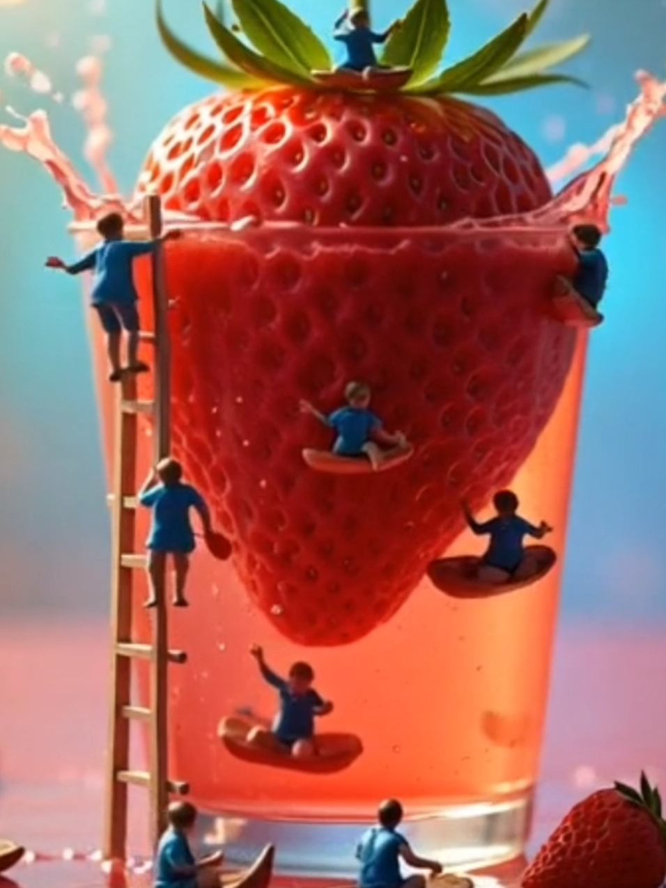 A massive, ripe strawberry floating inside a tall, transparent glass filled with vibrant red strawberry juice. The juice has dynamic splashes and ripples, creating a sense of movement. Dozens of tiny human figures, all dressed in various shades of blue, are actively engaging with the scene. Some are swimming joyfully in the juice, others are climbing a long wooden ladder leaning against the rim of the glass, and a few are sliding down the strawberry like a playground. Some humans are paddling tiny boats made of strawberry leaves, while others are carrying miniature baskets as if harvesting the fruit. The transparency of the glass adds depth, allowing the viewer to see tiny swimmers beneath the surface. The contrast between the deep red of the juice and the bright blue of the humans’ clothing makes the scene visually striking. The atmosphere is whimsical and surreal, with warm, glowing light reflecting through the glass, creating a dreamy and playful setting#strawberry #viral #fyp 