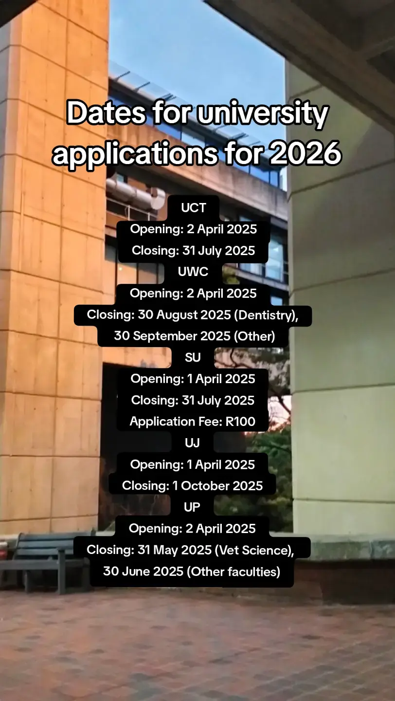 Get ready for the 2026 academic year! Here are the university application dates and fees for top universities in South Africa. Please note that these dates are subject to change, and some dates are estimates based on historical trends. Universities reserve the right to amend these dates. #UniversityApplications #AcademicYear2026 #SouthAfricanUniversities #HigherEducation #UniversityLife #StudentLife #EducationMatters #UCT #UWC #SU #UJ #UP #Wits #UKZN #RU #UNISA #NWU #UFS #NMU #DUT #UL #WSU #UFH #VUT #SMU #SPU #TUT #UMP #CPUT #UNIZULU @He's HlelaViggo @Kelisha Naidoo @Lungile @yes @Promise @princess Williams🎀 @LONA✨ @Nicole @tlhologelo♡ @TheeBaby @Zee.M @Luu @Zanele Ntshangase @Nomakhwezi Ludidi @Mascot Mascot @YT:LwakheLurayi 💕 @B🦋💙 @V’shen (PILANE) @pr_oxy402 @Mohalekholofelo @sphindi♥️. @Bokang 