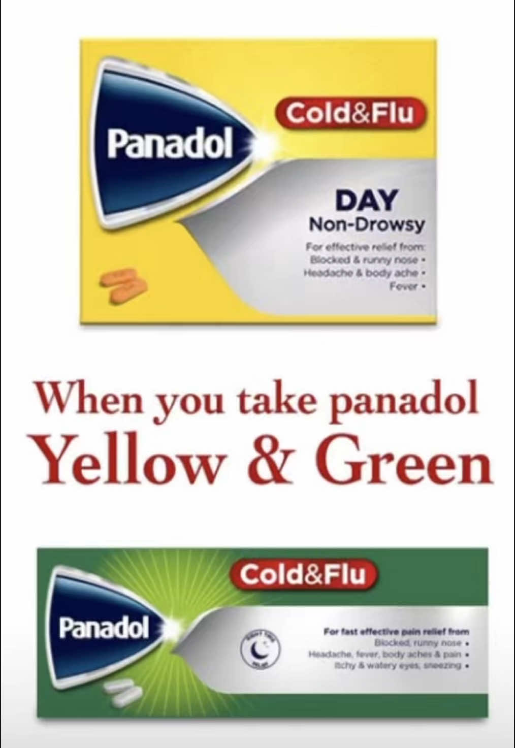 Panadol yellow and green PANDOL. |  PANADL DAY. |  PANADOL NIGHT |  WHEN TAKE. #panadol #coldandflu #panadolnight #ticktock #capcut 