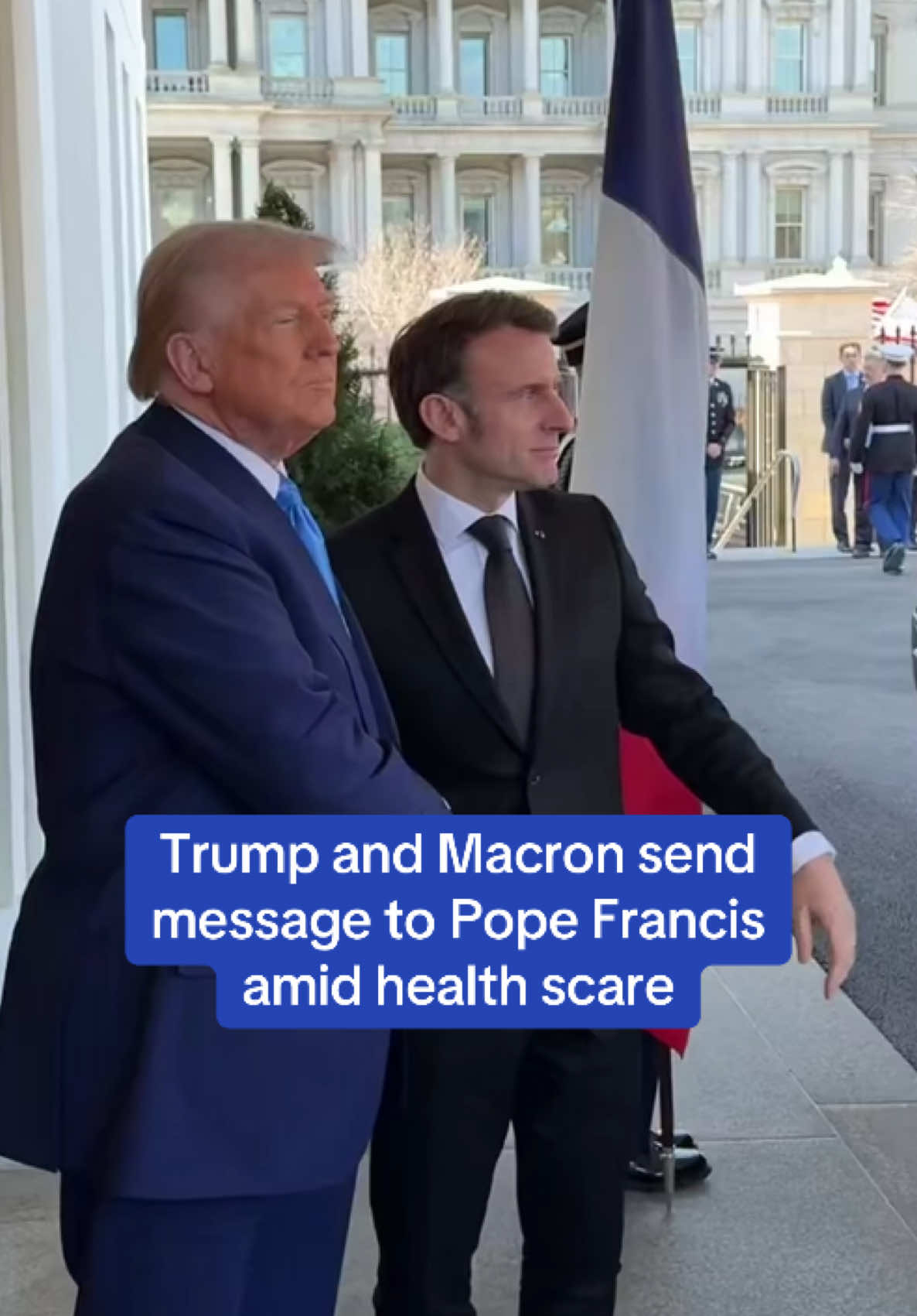 French President Emmanuel Macron and US President Donald Trump shook hands and gave a message of support to Pope Francis as they met at the White House on Monday. Pope Francis remains in critical condition and is suffering kidney failure in hospital, the Vatican  announced Sunday. 🎥 X/margomartin47 #news #politics #france #trump #popefrancis #macron 