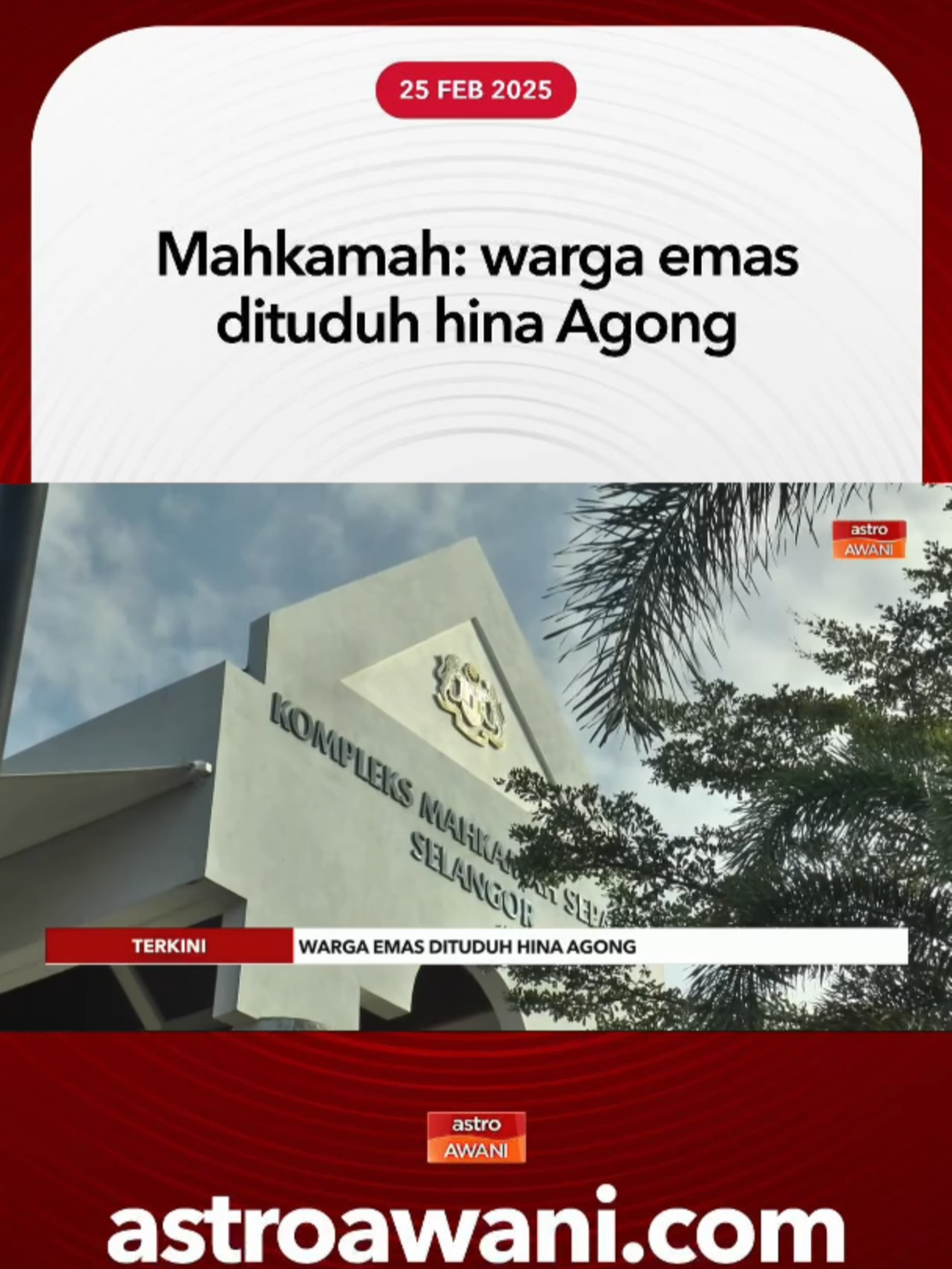 Seorang warga emas didakwa di Mahkamah Sesyen Sepang hari ini atas tuduhan memuat naik kandungan bersifat palsu melibatkan Yang di-Pertuan Agong dan Majlis Raja-Raja. #AWANInews