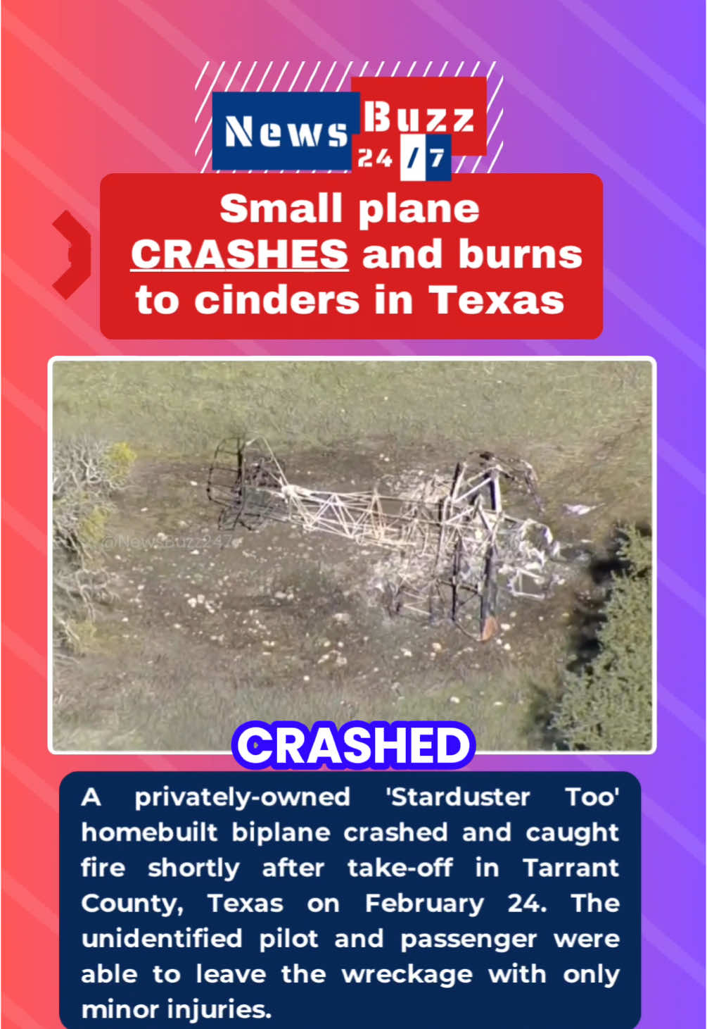 Small plane crashes and burns to cinders in Texas, occupants escape without serious injury. #PlaneCrash #TexasNews #BreakingNews #ViralNews #Aviation #EmergencyLanding #Survivors #CrazyFootage #NewsUpdate #TrendingNow #Shocking #fy #fyp #fyf #viral #explorepage #wow #anothercrash #whatshappening #flightcrash #newsbuzz247 #viralnews #trendingnews #todaynews #breakingnews 