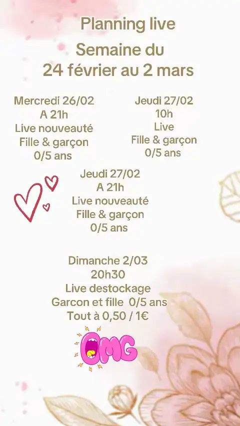 Planning live de cette semaine 🥰 Vente de vêtements pour bébé de 0 à 5 ans  Fille et garçon Seconde main et neuf  #secondemain #shopping #colis #bonplan #live #bebe #vetement #dressing #vinted 