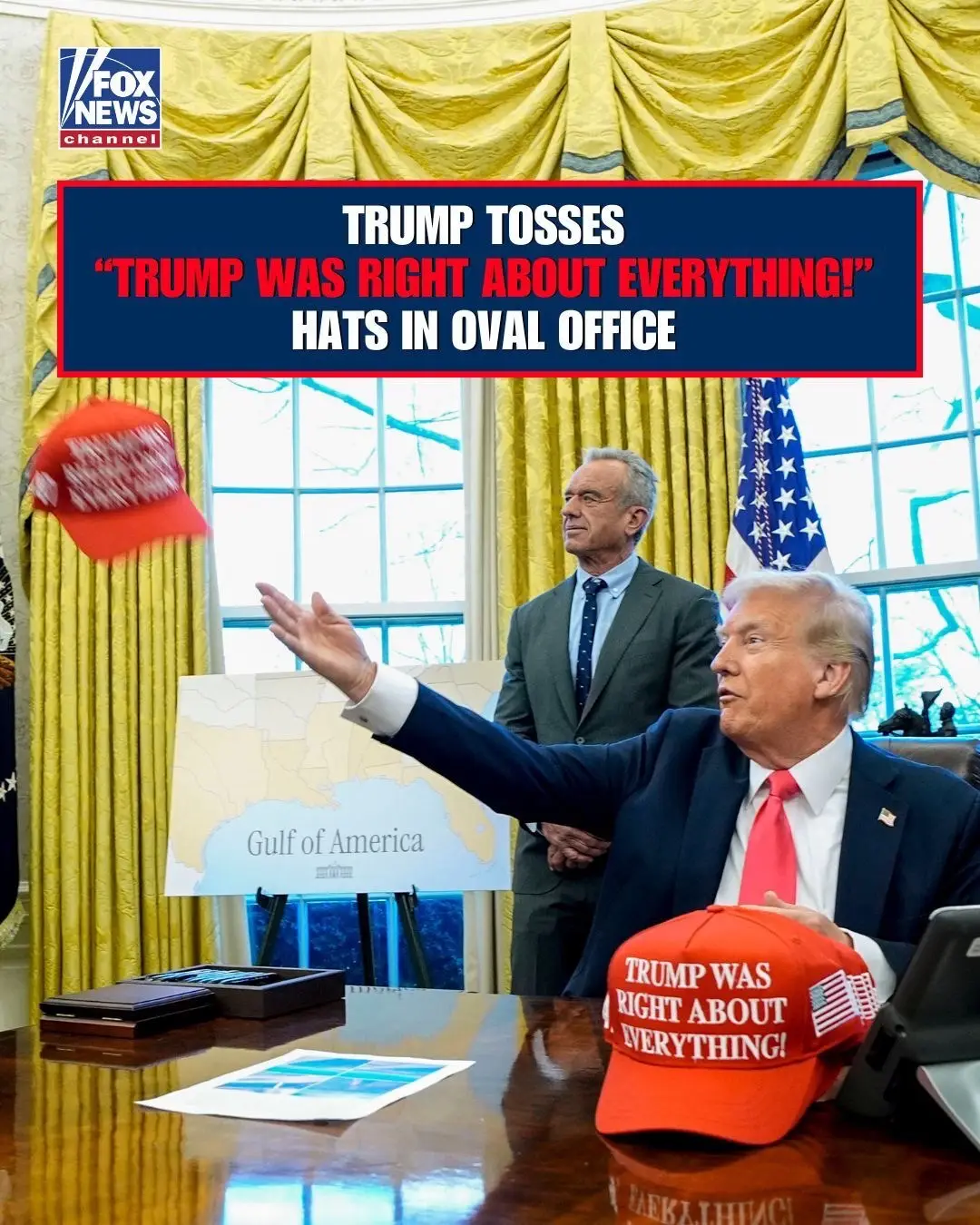 HATS OFF: President Trump tosses out new MAGA merchandise to reporters inside the Oval Office. The red hats say, 