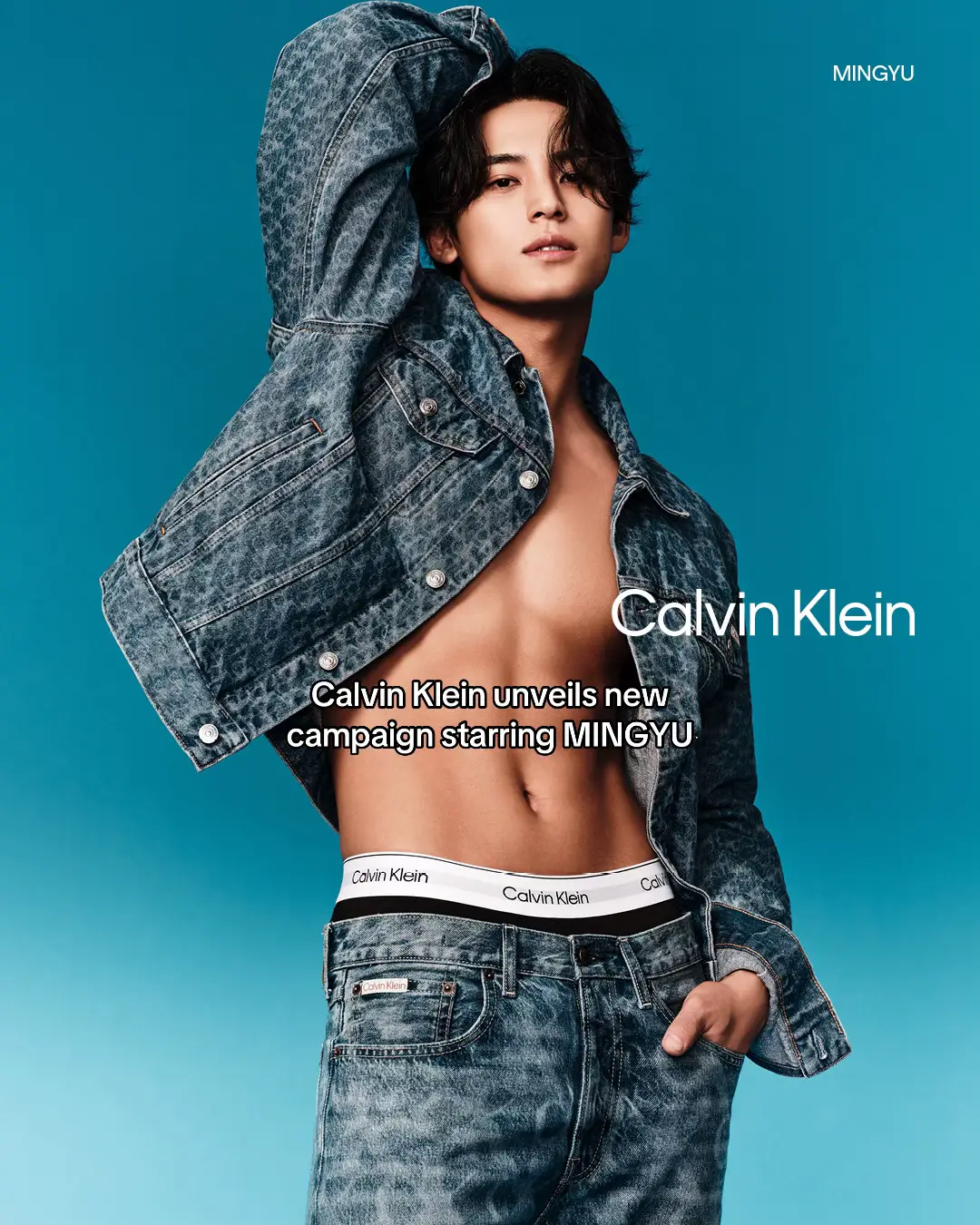 MINGYU, who is a member of the group SEVENTEEN, went shirtless under a denim jacket while posing for the campaign, directed and shot by Leslie Zhang. #herworldsingapore #mingyu #mingyuseventeen #seventeen #seventeen17_official #CalvinKlein #MingyuKim #CalvinKleinxMINGYU #CK #민규_캘빈클라인 #민규 #svt #mingyusvt @SEVENTEEN 