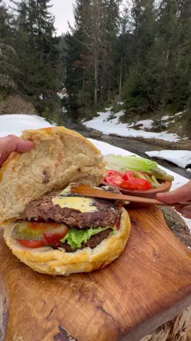 Handmade XL Burger in the Snow 😍🍔 #hamburger #burger #outdoorcooking #asmrcooking #fyp 