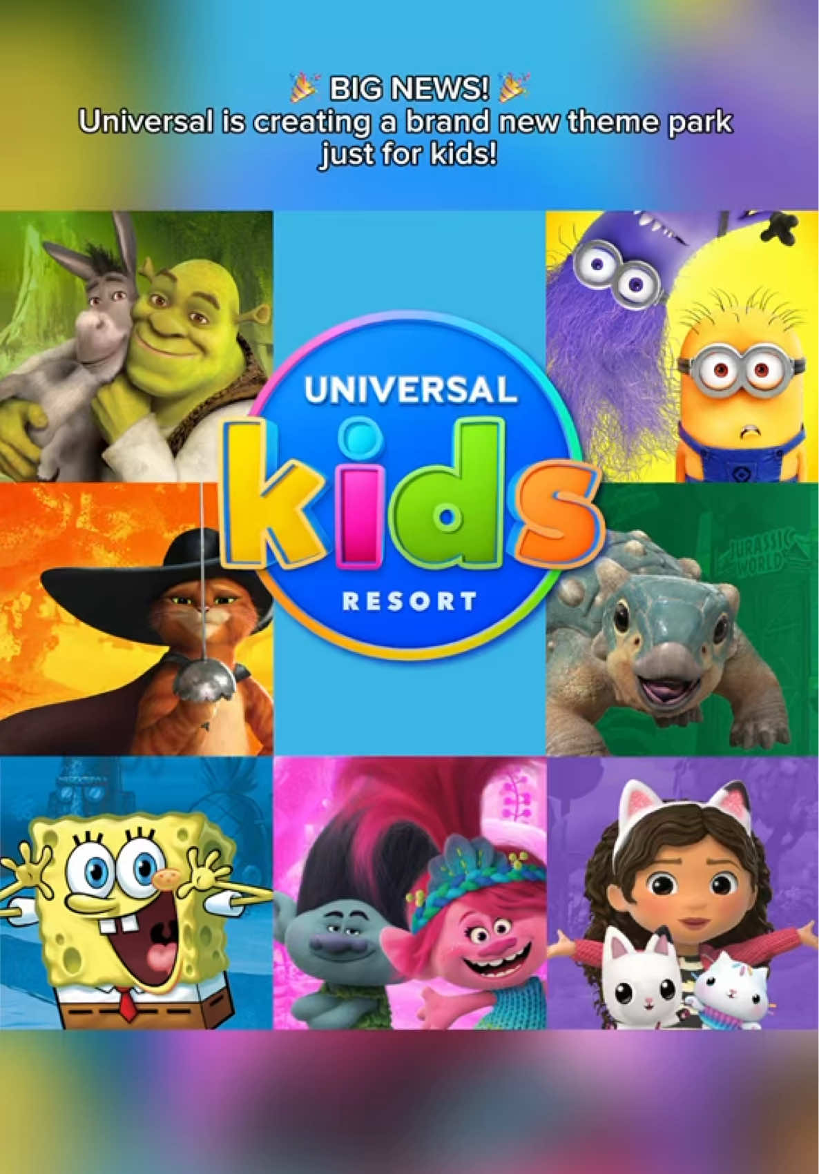 Universal Kids Resort is a brand new theme park built just for kids! 🎢 Opening in 2026 in Frisco, Texas, it features six immersive lands with Shrek, Trolls, Puss in Boots, SpongeBob, Minions, Jurassic World, and Gabby’s Dollhouse plus a 300 room hotel for the ultimate family adventure! 🌟 #UniversalKidsResort