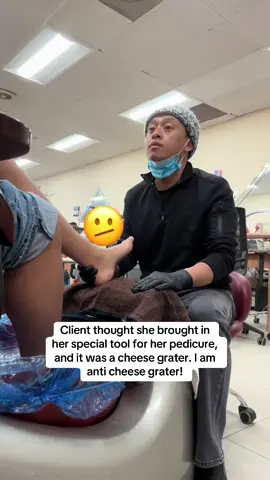 Client brought her cheese grater for a pedicure, but I don’t use cheese grater. I use my own foot file, and the client was in loving! The moment I used to foot file to remove the callus on her feet and dry that skin so effortlessly. She say goodbye to the cheese grater, and say hello to her new foot file by @Beyond The Cream #nailtech #nailtok #tutorial #meme #foryoupage #fyp #pedicure #nailsoftiktok #tiktokshop #shopping #footfile 
