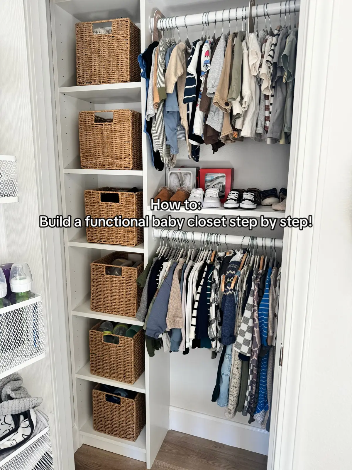 Transforming our baby’s closet from ‘meh’ to mega functional! Step by step DIY nursery closet makeover—because one wire shelf just doesn’t cut it. Shoutout to IKEA for the help! #Nurseryorganization #DIYcloset  #parentinghacks  #nurserydecor #nursery 