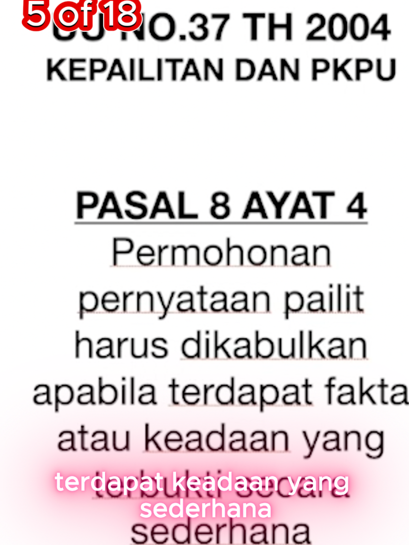 “Pasal 8 ayat 4 di UU Kepailitan menekankan bahwa permohonan pernyataan pailit harus dikabulkan oleh hakim jika terdapat ‘keadaan yang sederhana.’ Apa maksudnya sederhana? Contohnya, di perjanjian jual beli atau akad kredit kita, sudah jelas tanggal jatuh tempo dan jumlah yang harus dibayar. Bila saat jatuh tempo belum dibayar, meski sudah ditegur secara tertulis, ini bisa menjadi contoh keadaan sederhana yang dapat dipakai kreditor untuk mengajukan PKPU atau pailit. Yuk, pahami lebih dalam supaya kita bisa lebih bijak menghadapi kemungkinan ini!” oya ini Seri ke-5 dari 18 ya,,,, Nantikan yang berikutnya #PKPU #Kepailitan #HukumBisnis #Debitor #StrategiKeuangan #BisnisAman #Kurator #Pailit #BisnisSehat #HukumPerusahaan #HukumKepailitan #Bisnis #Pengusaha #Kreditor #Restrukturisasi #BelajarHukum #Hukum #BangkitDariKrisis #TipsBisnis #Entrepreneur #BisnisTangguh #SolusiHutang #ManajemenKeuangan #HutangPintar #Resesi #PailitBukanAkhir #TipsUsaha #KeuanganBisnis #BisnisOnline #BisnisBertahan #InvestasiPintar #BisnisMandiri #BisnisRumahan #BelajarBisnis #PeluangUsaha #MotivasiBisnis #BisnisBangkrut #HutangBijak #EntrepreneurMindset #LegalTips #BisnisAntiGagal #StrategiBisnis #PemulihanEkonomi #JadwalUlangHutang #SolusiBisnis #BangkitLagi🔍 #Pasal8Ayat4 #KeadaanSederhana #UtangPiutang #FYP #Viral #Trending #EdukasiHukum #indonesia 