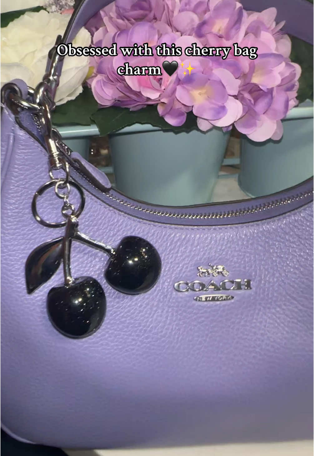 And for less than $3!! Will def be getting it in more colors🥰 #cherrybagcharm #coach #coachbag #coachbagcharm #blackchereybagcharm #purplecoachbag #coachoutlet #terihobocoachbag #fyp 