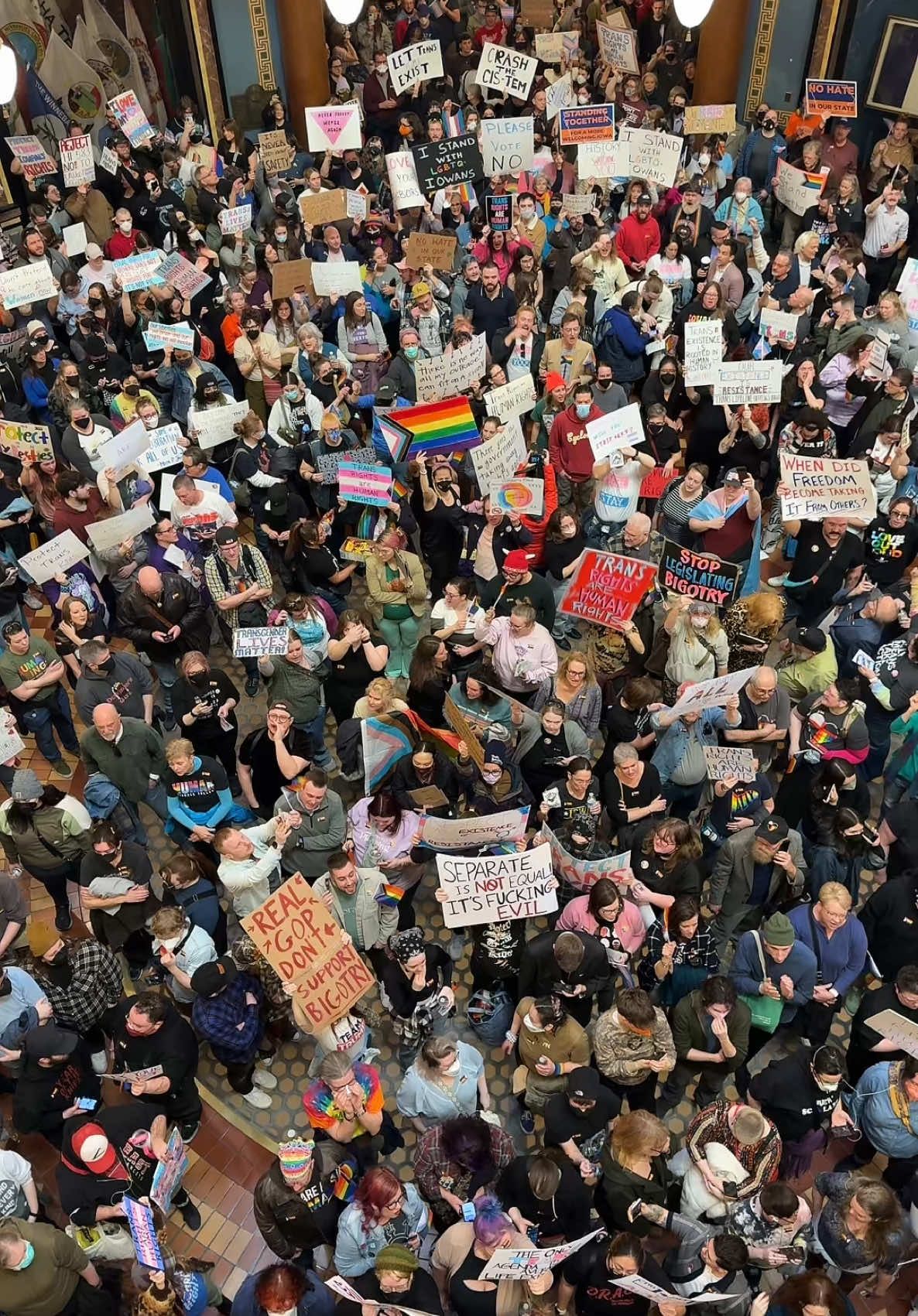 Trans rights supporters gather at the Iowa State Capitol to protest a bill being proposed that would strip civil rights protections from Trans people. Iowa would be the first state to remove protections from a group of people. And it’s fucking disgusting. #iowa #transrights 