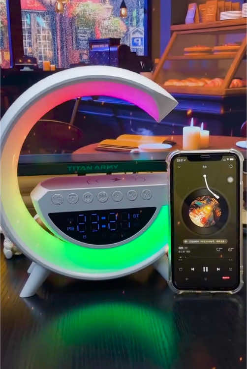 Buy in cart, Wireless charger atmosphere lamp, New intelligent LED table lamp, Bluetooth speaker, Dimmable night light, Bedside lamp, Music synchronous alarm clock, App control
