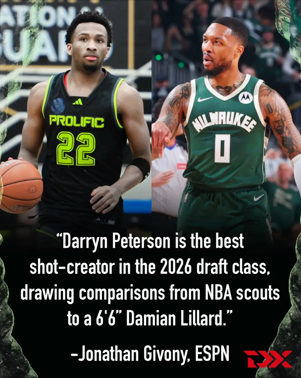 Drawing some comparisons from NBA scouts to a bigger Damian Lillard (who measured 6-foot-3 in shoes and 189 pounds with a 6-foot-8 wingspan just prior to turning 22 at the NBA draft combine in 2012), Peterson (6-foot-6 with a 6-foot-10.75” wingspan as measured at the 2024 Eurocamp) is the best shot creator in the class. He is able to get anywhere he wants on the court with an explosive first step, the ability to change speeds powerfully and has exquisite ballhandling, pace and body control #draftexpress #nbadraft#nbadraft2026#highschoolbasketball#collegebasketball#damianlillard#dame#darrynpeterson#kansas#kansasjayhawks 