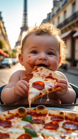 A little kid  🧒 eating pizza 🍕 with love, On the streets of Paris   #aikidsmagic #littlebaby #body #children #AdorableBaby #childhood #kidstiktok #cutebaby #snapitq #littlebaby 