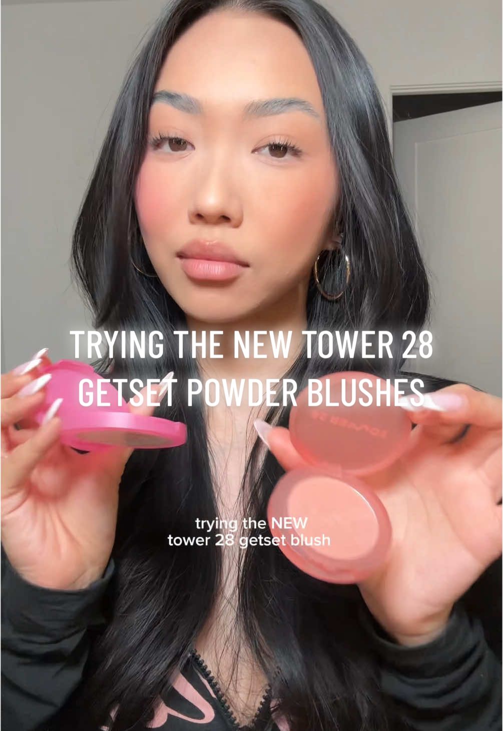 trying the NEW @Tower 28 Beauty getset blush!! she’s blurring, long wearing, matte, pigmented and safe for sensitive skin!! you guys my skin has been sooooooo problematic in california. my eczema and psoriasis lovessss tower!! this is like a setting blush powder for your cream blush or wear it alone. which side do you like better?  #makeup #makeuptok #makeuplaunch #makeuptryon #sensitiveskin #blush #powderblush 