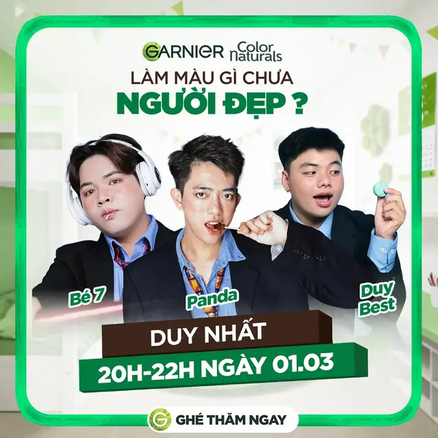 Đón xem cùng Bé 7, Panda & Duy Best vào lúc 20H -22H ngày 1/3 chốt deal hời săn quà xịn nha 🥳🥳 #garnier_vn #garnier #nhuomtoc #nhuomtoctainha #haircare #haircolor #muataitiktokshop 