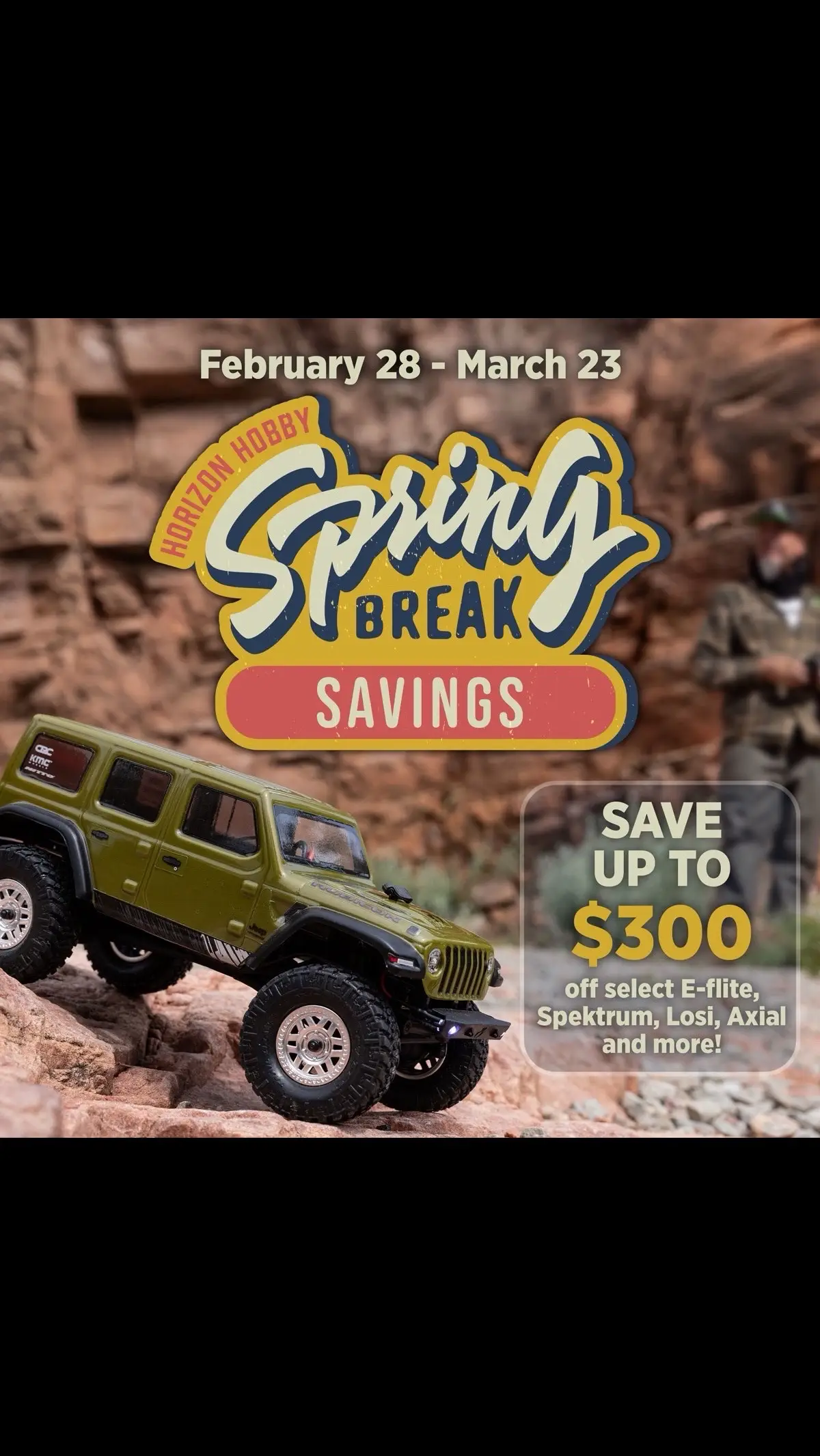 During Spring Break Savings, save up to $300 off select E-flite, Spektrum, Losi, Axial & more! You can also save 10% off select Spektrum Smart accessories and 15% off select Pro-Line Racing accessories!! Don’t miss out! Shop today at your participating local hobby shop or check out the sale at the LINK IN BIO - horizonhobby.cc/springbreak25 #HorizonHobby #SpringBreak #ShopLocal #RC 