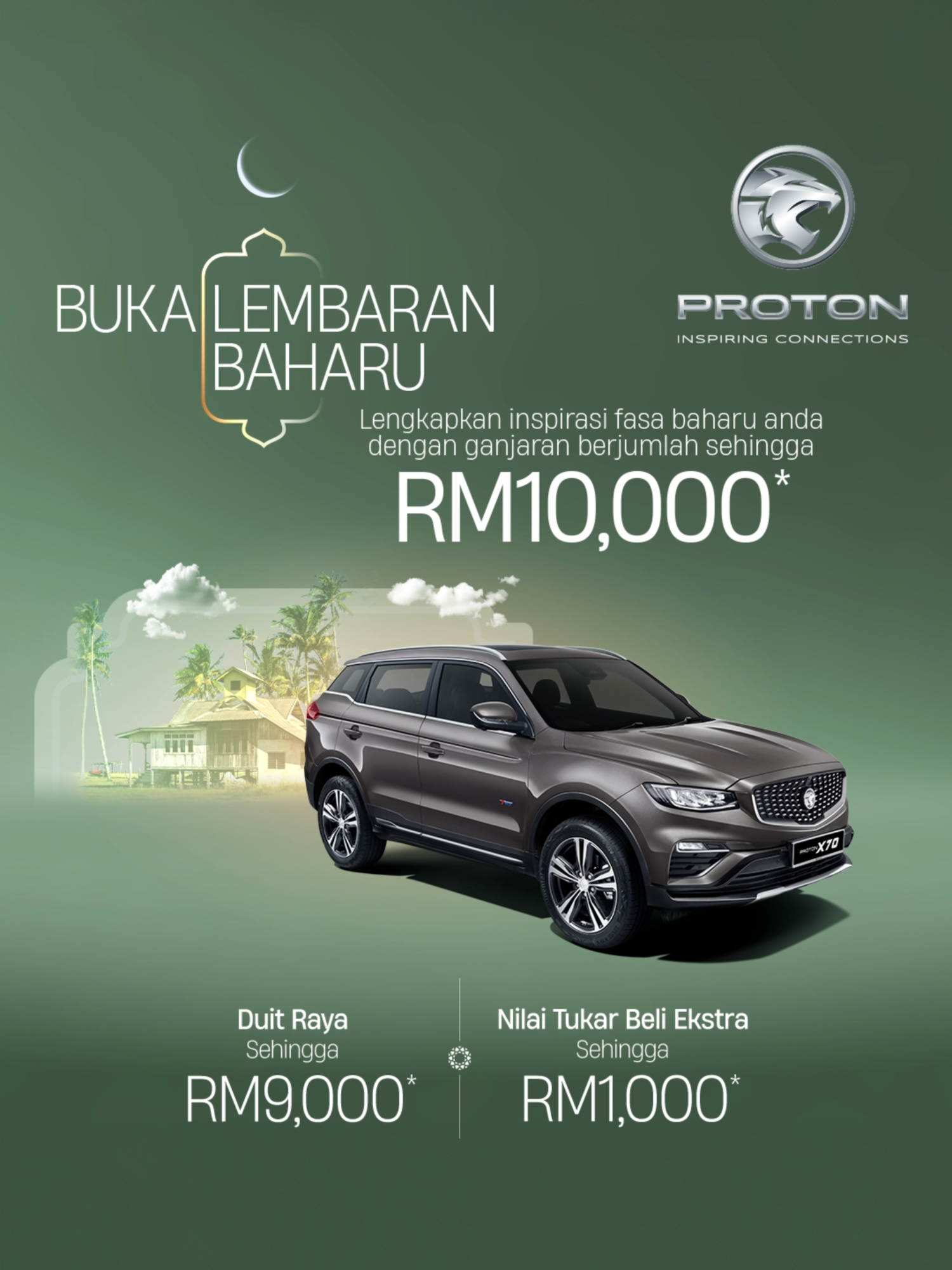 Buka Lembaran Baharu Bersama PROTON! Balik kampung in style and comfort with the 2025 PROTON X70 this Raya. Drive with reassured safety, responsive performance, and redefined connectivity, all while enjoying Duit Raya rewards of up to RM9,000 and additional trade-in value of up to RM1,000, this sums up to a total of up to RM10,000 in rewards! Start your new chapter with a new ride! Visit https://www.proton.com/en/offers/current-promotion and make it happen! *Terms and conditions apply. #HiPROTON #INSPIRINGCONNECTIONS #BukaLembaranBaharu 