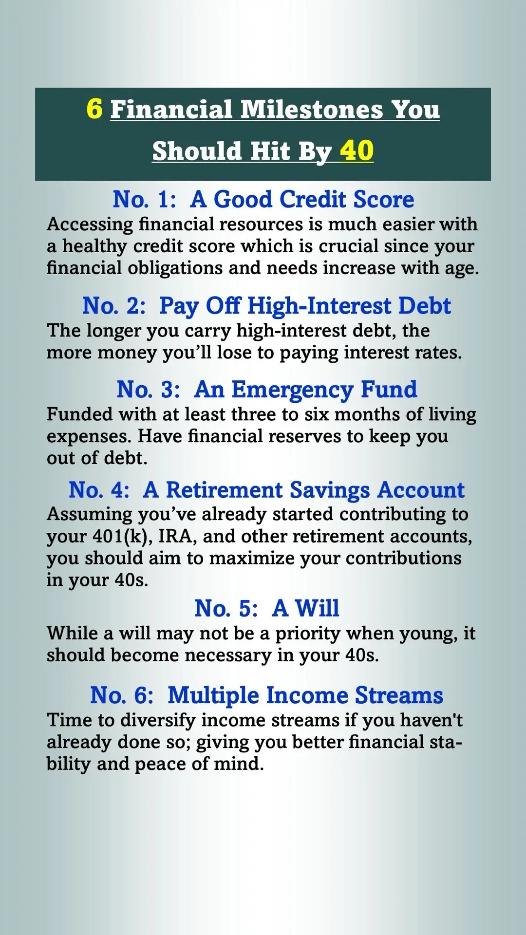 You should have your finances on track by age 40 because, at this point, you’ve likely had enough experience in the workforce to earn a decent income. This age also signifies a stage in your life when retirement isn't too far off. #moneytips #over40 #financialsecurity 