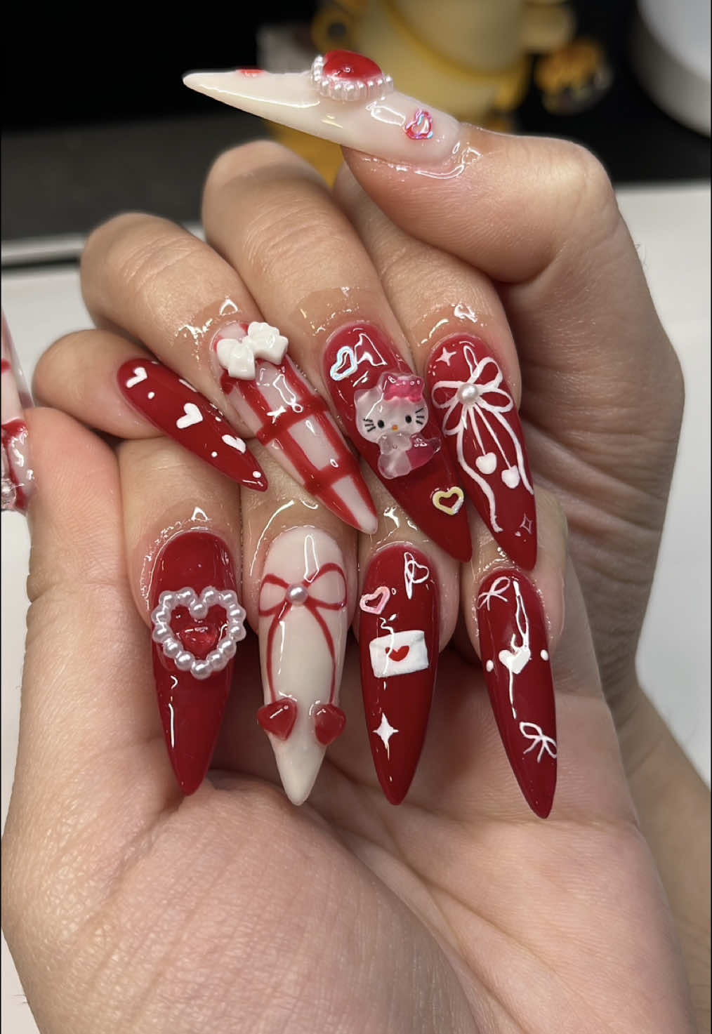 erm is it too late to post valentine’s nails😜 #nails #gelxnails #selfnail #rednails #hellokitty #cherry #sanrio #fyp #nailart #nail 