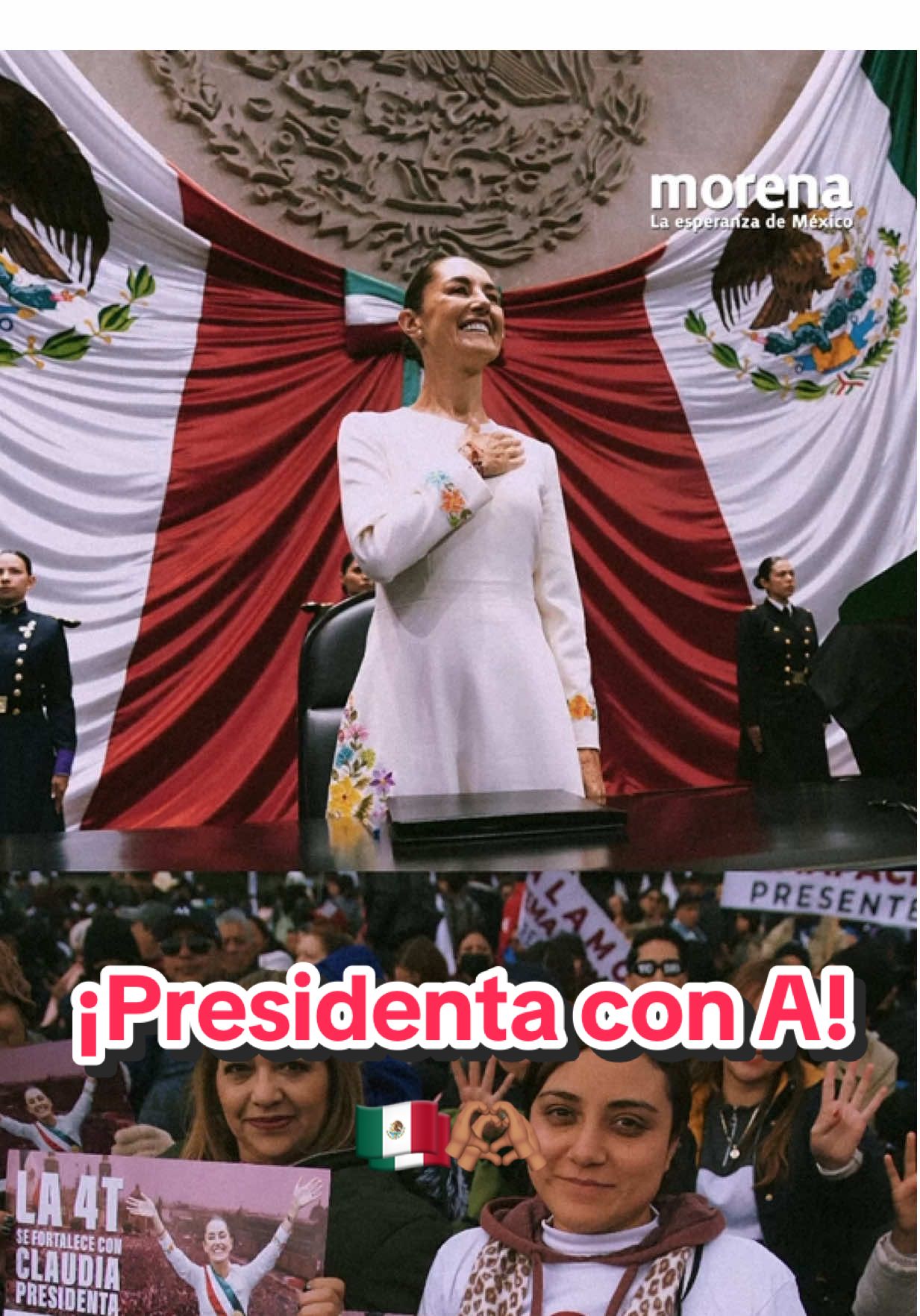 Por primera vez en la historia, México tiene una mujer Presidenta, y lo decimos con mucho orgullo: #PresidentaConA. 👩🏻‍💼🇲🇽 Con la Presidenta @Claudia Sheinbaum Pardo  damos un paso histórico en nuestras luchas por la igualdad y por el bienestar desde abajo y para todas y todos. La llegada de las Mujeres Transformadoras a los espacios de poder, toma de decisiones y espacios comunitarios para seguir transformando nuestra vida pública, es un logro de la izquierda y #Morena representa todos estos anhelos, victorias y resultados. #EsTiempoDeMujeres 💜