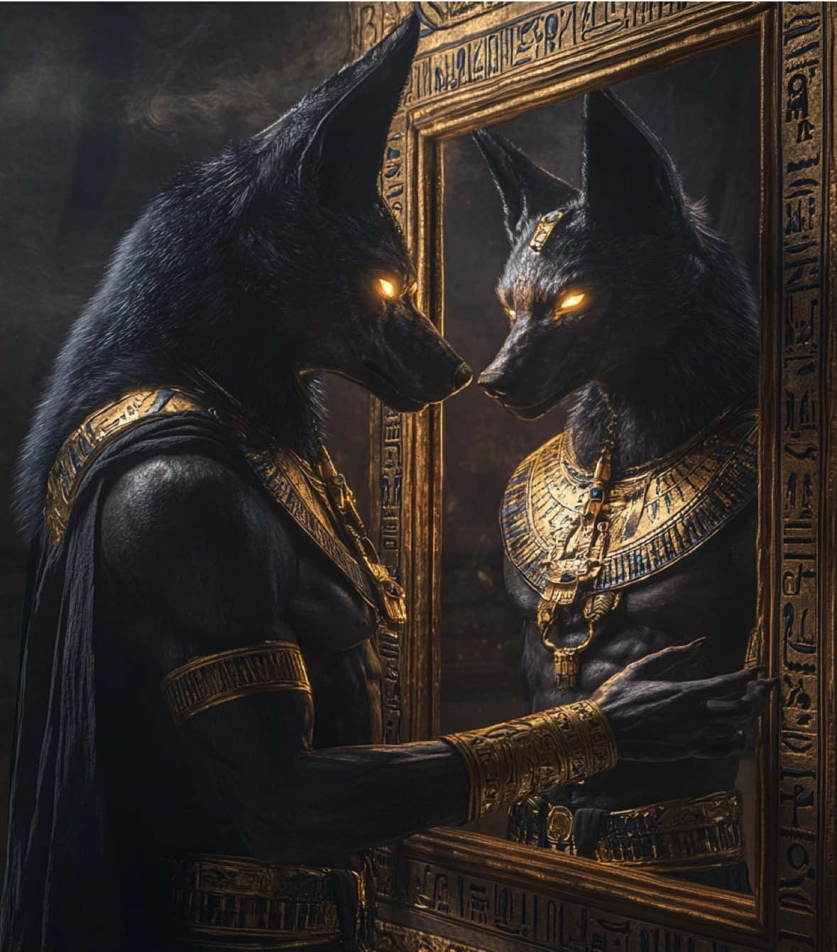 What if the mirror is not just a reflection, but a portal to another world? ⚡🪞Anubis emerges from the mirror, blurring the line between reality and mysticism... What happens next? 👁‍🗨 #anubis🖤 #wallpaper #mirroronthewall #egyptiangods #spiegelanderwand 