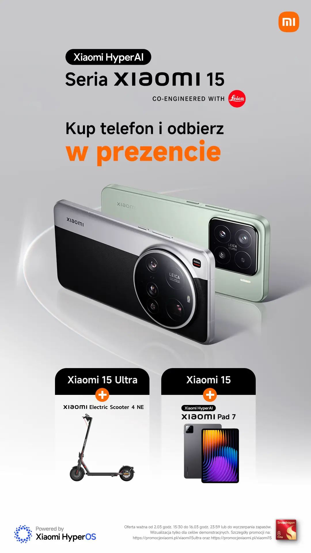 #Xiaomi wchodzi na nowy poziom innowacji! 🤩 🎁 Kup Xiaomi 15 Ultra i zgarnij hulajnogę elektryczną Xiaomi 4 – mobilność na najwyższym poziomie!  🎁 Wybierz Xiaomi 15, a otrzymasz tablet Xiaomi Pad 7 – idealny do pracy i rozrywki!  Takich premier się nie przegapia! 🏆   Zdobądź swoje urządzenie i ciesz się wyjątkowymi prezentami.  👉https://bit.ly/3QGs5Mz 🟧 Odwiedź swój najbliższy autoryzowany salon Xiaomi Store lub zamów na Mi-Store.pl Pokaż mniej #Xiaomi15Ultra #Xiaomi15