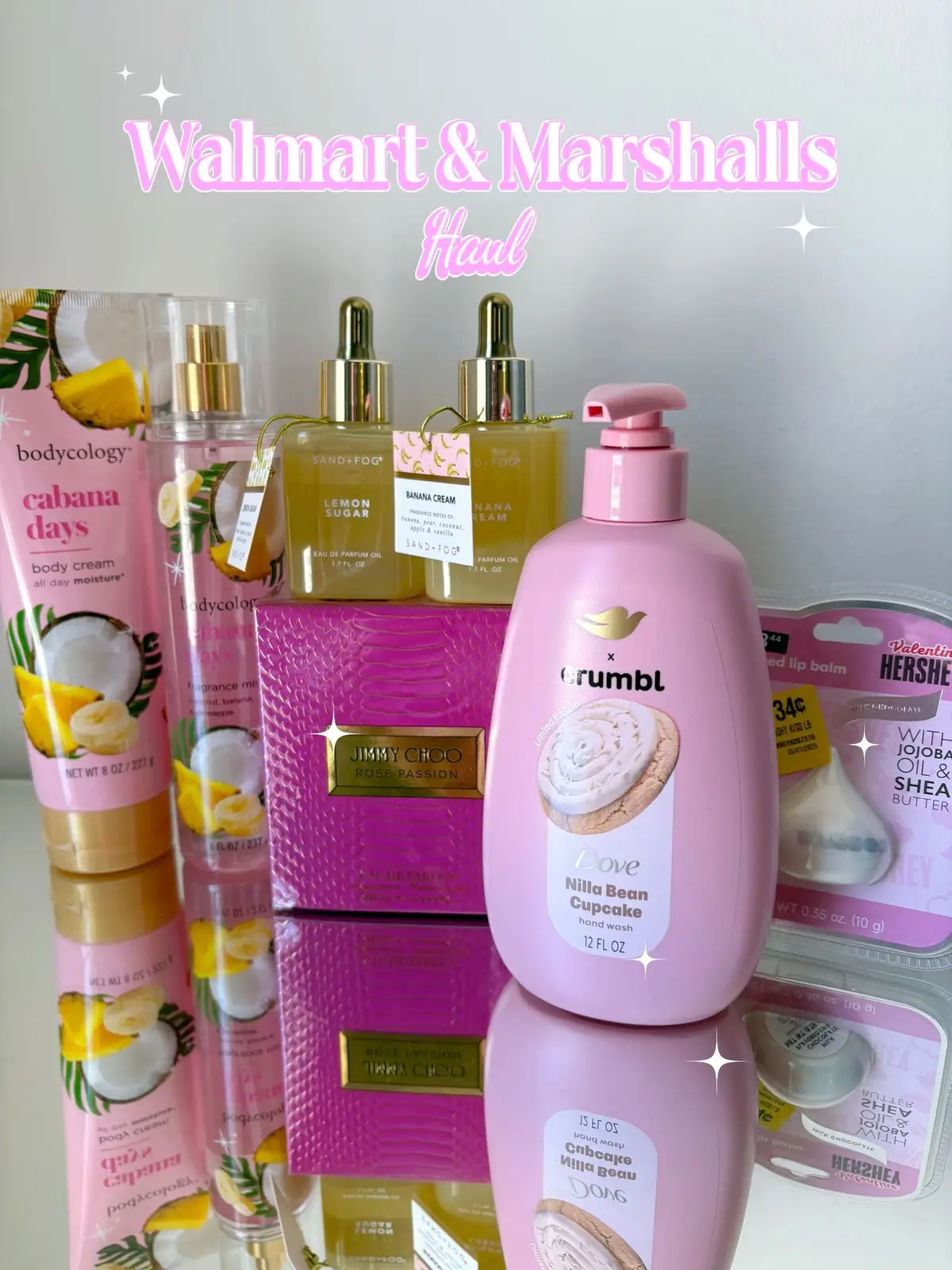 Found some goodies I’d been hunting for, and some great deals!  Bodycology’s new scent, Cabana Days, reminds me of Meet Me in Miami a little bit, but with more pineapple! It’s so juicy!  I’d been looking for the Dove x Crumble Nilla Bean Cupcake and found the hand wash—I don’t need any other products but I will use this. The little Hershey’s balm was too cute to pass up for 34 cents!  I love Sand & Fog perfume oils—these two I’ve been hunting for, Lemon Sugar and Banana Cream. Finally they showed up at one of my local stores so I grabbed both. They also had a Peach Bellini and a starfruit scent. $26 for a 100 ml of Jimmy Choo Rose Passion was too great a deal! This perfume retails for way more even at discounters. It’s a tropical coconut water and frangipani perfume I know will be pretty for summer!  #perfumehaul #marshallsfinds #marshallshaul #walmarthaul #walmartfinds #sandandfog #dovexcrumbl #bodycology #perfumetiktok 