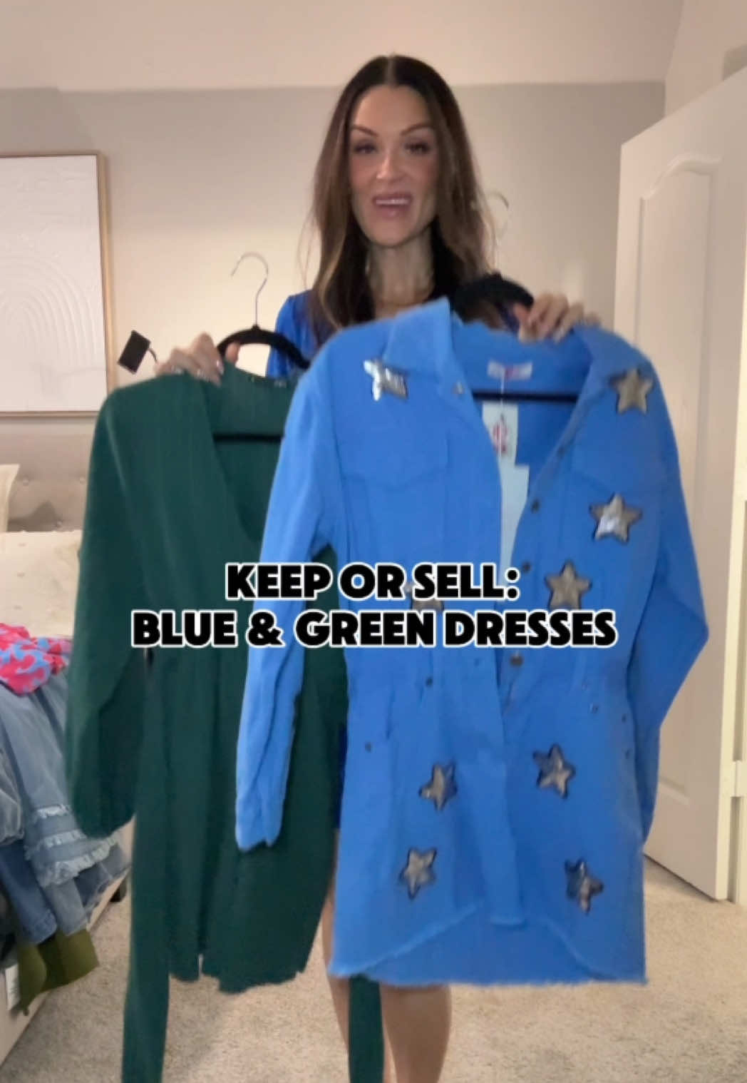 Another round of my closet cleaning series! This time it’s all my blue & green dresses. What do you think? Did I choose correctly? #closetcleanout #CleanTok #cleaning #cleaningtiktok #springcleaning #closettour #bluedresses #greendresses 