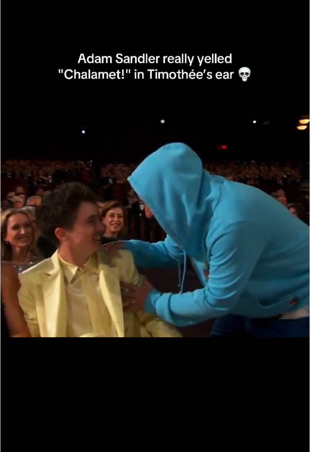 Adam Sandler (in shorts and a sweatshirt) interrupting Conan O'Brien's Oscars monologue to run up to Timothée Chalamet and hug him 💀 #timotheechalamet #oscars #Oscars2025 #amadsandler 