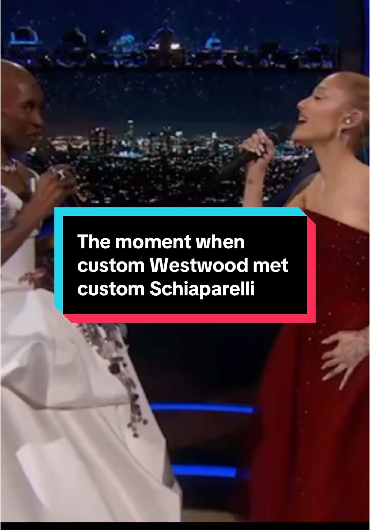 The moment when custom Westwood met custom Schiaparelli #arianagrande #cynthiaerivo #oscars #westwood #schiapparelli #fashion 