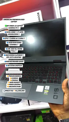 AMERICAN PREMIUM USED LAPTOP ✅HP OMEN 15 LAPTOP GAMING PC©️ 🔷INTEL CORE®️ i7 10TH GENERATION©️ 🔷CPU®️2.6GHz to 5.1GHz®️ 🔷16GB RAM DDR4 3200MHz©️ 🔷1TB  SSD M.2 NVME PCLe®️ 🔷8GB NVIDIA GeFORCE©️ RTX 2070 GRAPHIC 🔷RGB KEYBOARD LIGHT 🔷4K ULTRA DISPLAY ___________ ————————- 🔶PROGRAMMING 🔶GAMING 🔶CODING 🔶WEB DESIGN 🔶VIDEO EDITING 🔶ARCHITECTURE ⏹PRICE TAG 🏷N1,500,000 #califontechgadgets #califontechventures #gaming #HP #lamborghini #lambo #lamba #burnaboy 