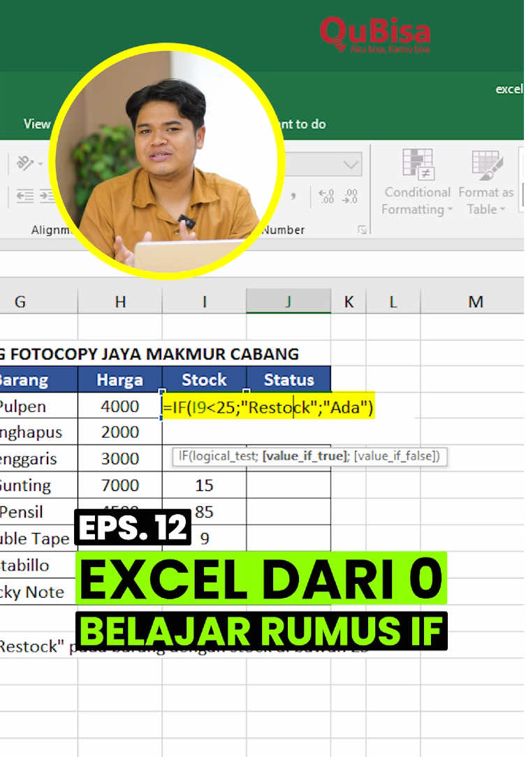 Yuk belajar excel mulai dari 0, di eps 12 ini kita akan belajar salah satu rumus paling simple di excel, yaitu rumus IF. Mau belajar excel dengan materi lengkap dan bersertifikat? daftar sekarang di link no 218 di bio untuk dapetin diskon 50%. #QuBisa #akubisakamubisa #belajarexcel #tipsexcel #tutorialexcel #kursusexcel #kursuskomputer #bootcampexcel
