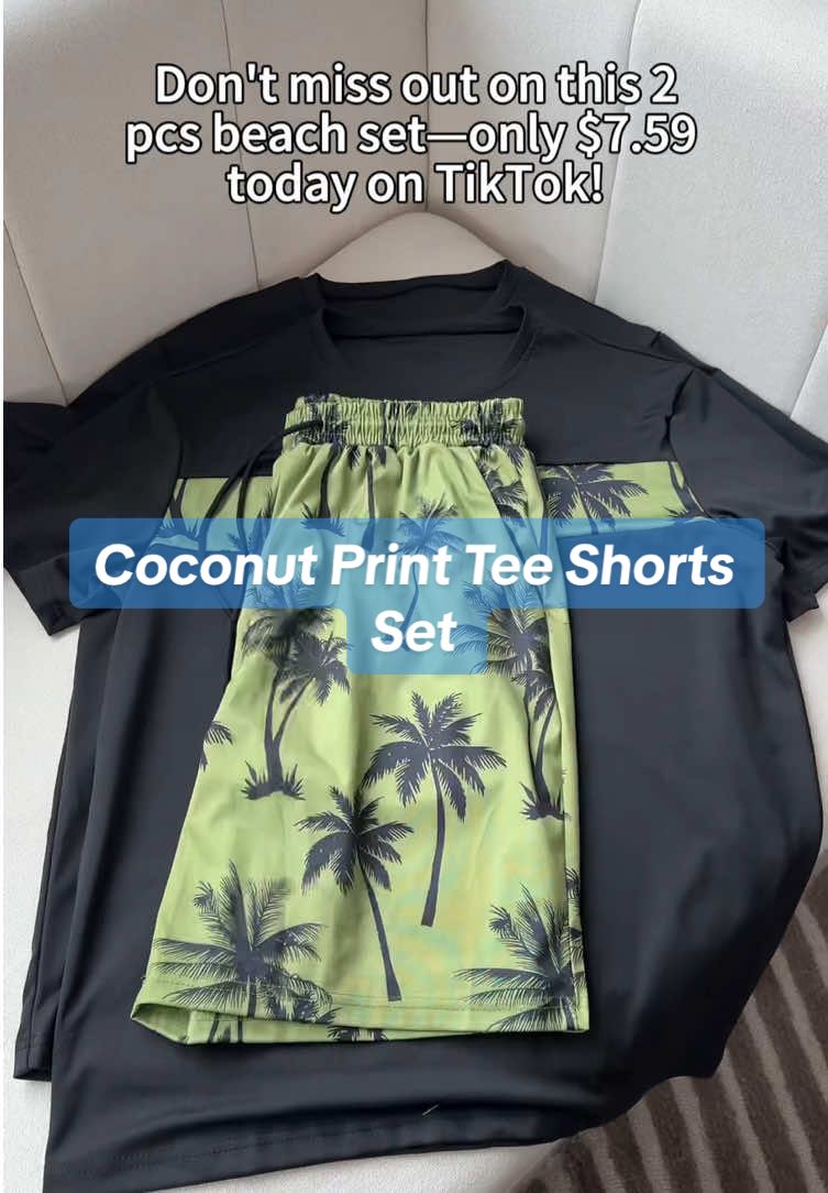 Coconut Print Tee Shorts Set #tiktokshopspringglowup #spotlightfinds #tshirt #set #menset #2pcs #summeroutfit #dailyfashion 