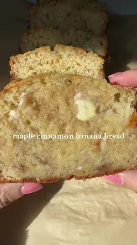 Maple cinnamon banana bread  My favorite way to use up those ripe bananas sitting on your counter!  Try it and tag me! d’EATS -3 ripe bananas  -1/2 cup melted unsalted butter  -1/2 cup maple syrup  -1/2 cup plain greek yogurt  -2 eggs + 1 tsp vanilla extract  -1 1/2 cups all purpose flour  -1 tsp baking powder -1/2 tsp baking soda -1 tsp cinnamon  How to: Start by preheating your oven to 350F  Using a stand mixer *or by hand* mash your bananas until smooth. Add in your melted butter and maple syrup and mix until combined. Add in your eggs, vanilla and greek yogurt and mix again.  Remove your bowl from your stand mixer and add in your dry ingredients. Fold until all dry bits are incorporated. Add to a lined loaf tin and bake on 350F for 55-60 minutes  enjoy!  #foryoupage #Recipe #recipes #fyp #banana #bananabread #dessert  ⁣