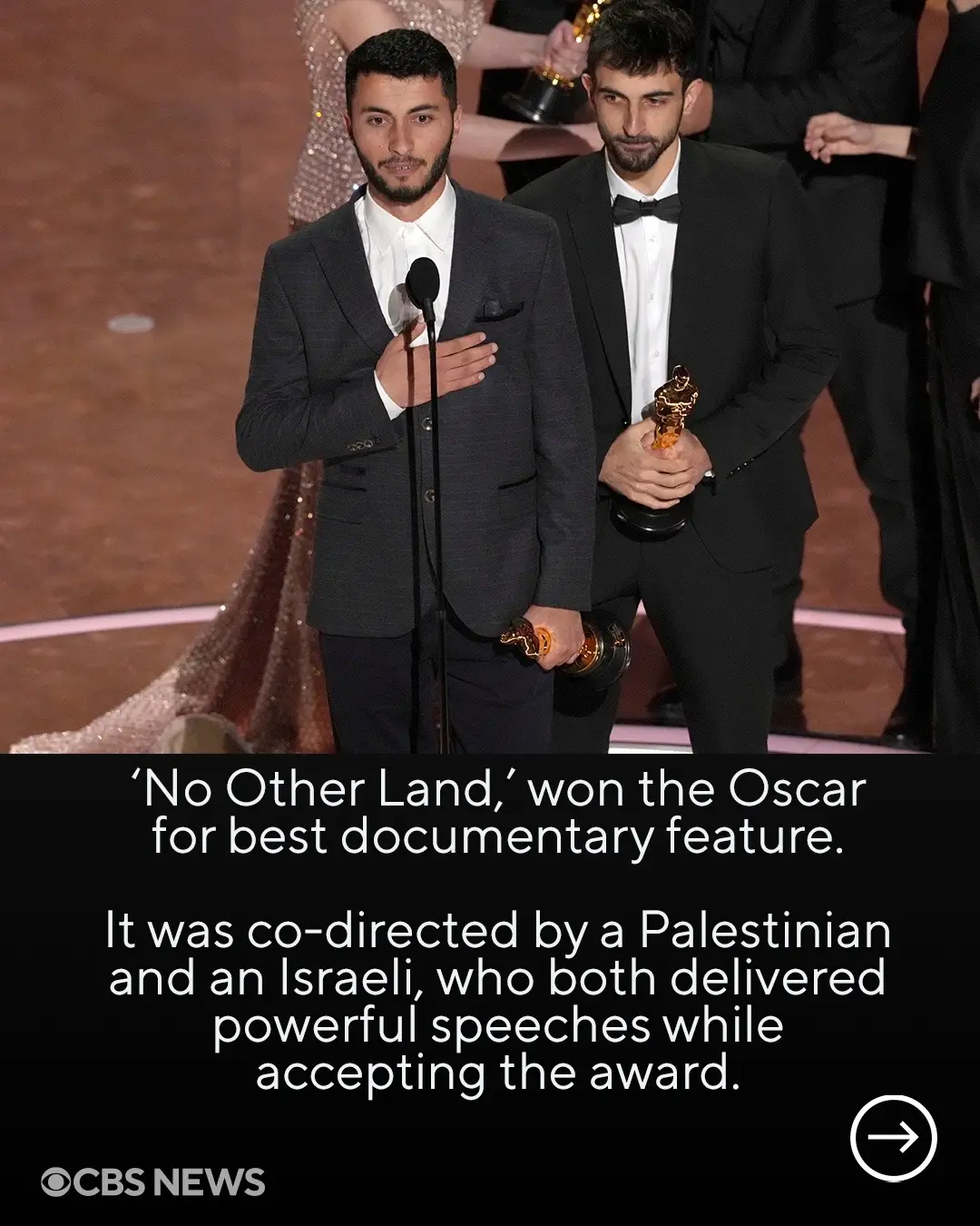 “No Other Land,” which chronicles Israeli settler violence and the demolition of Palestinian homes in the occupied West Bank, won the Oscar for best documentary feature at the 97th Academy Awards on Sunday. In their acceptance speech, the film's co-directors – a Palestinian and an Israeli – called for an end to the Israeli-Palestinian conflict, for an end of the destruction in Gaza and to free the remaining Israeli hostages captured on Oct. 7. #oscars #gaza #israel #westbank 