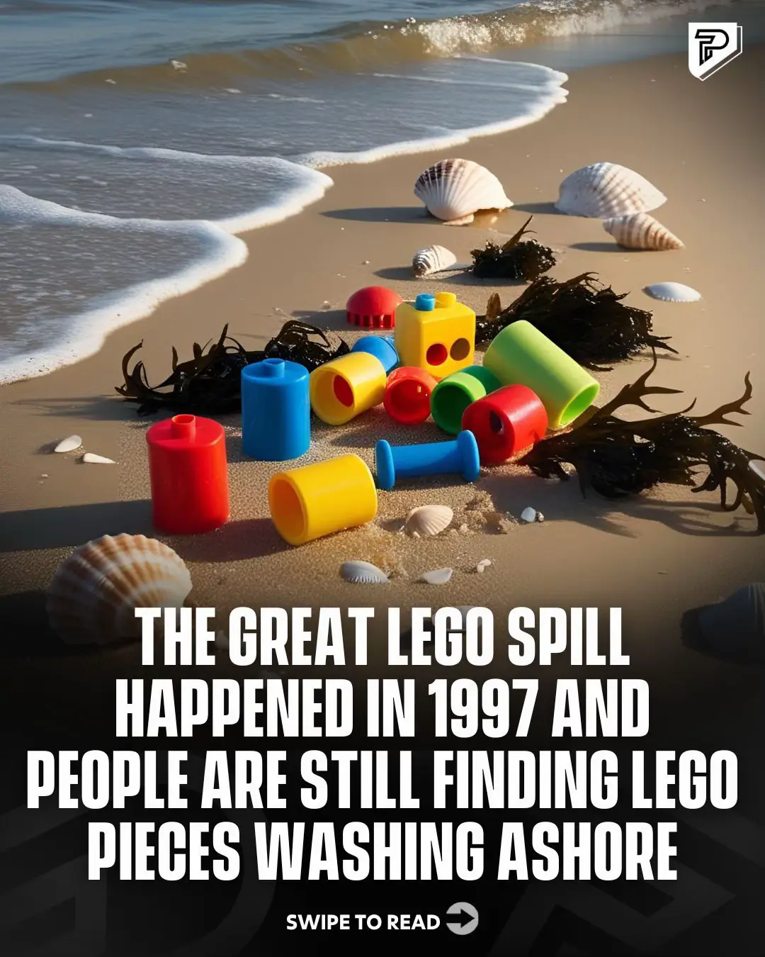 In 1997, the cargo ship Tokio Express was hit by a rogue wave, causing it to lose 62 containers, including one holding nearly 5 million Legos.  Since then, Lego pieces have washed up on beaches in England, Belgium, and Ireland. Collectors prize rare finds like green dragons and black octopuses. #RoadTo18Million #Pubity  (📸 via Cornish Plastic Pollution Coalition)