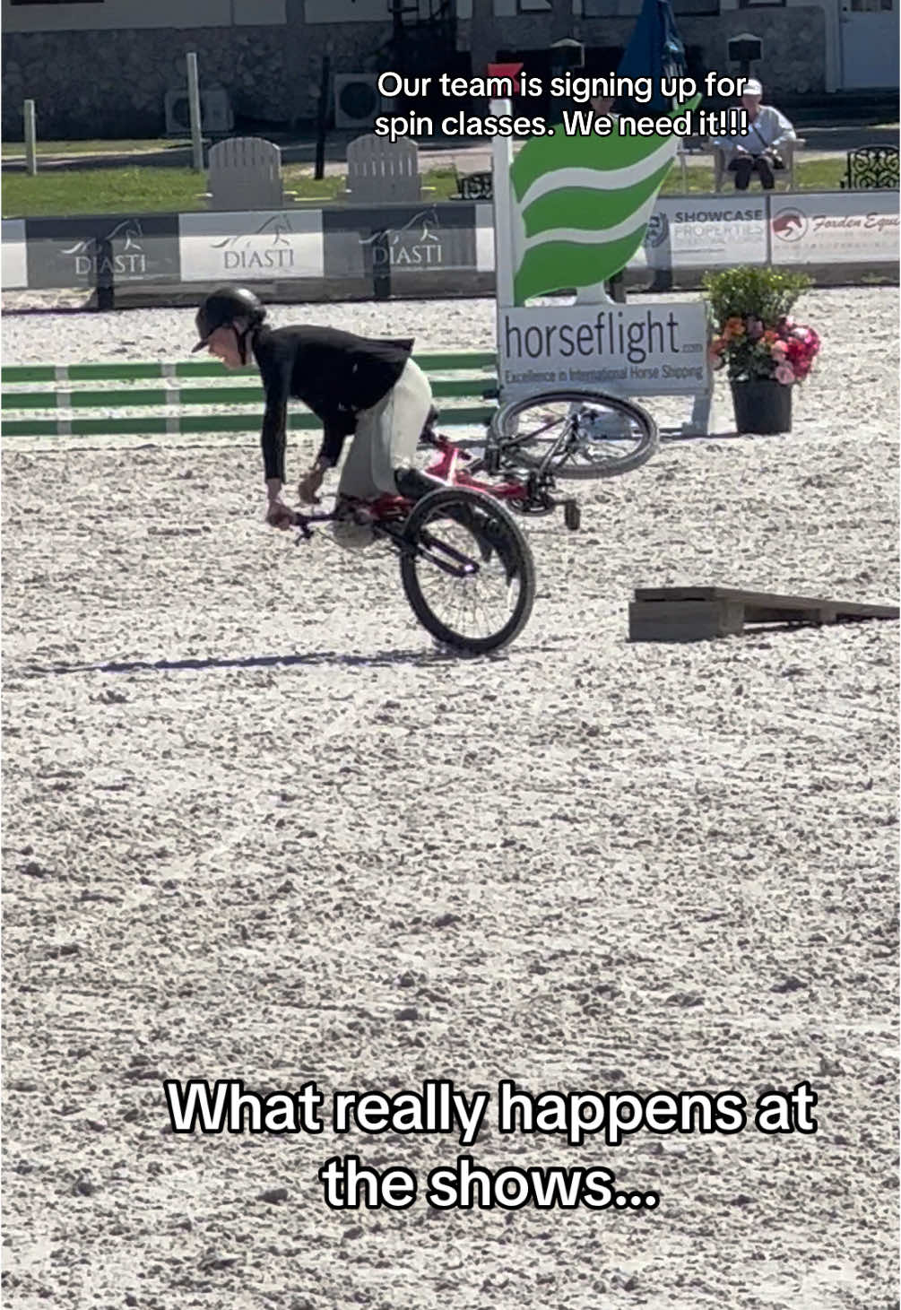 Normalize having fun at horse shows!!! Explanation. The show offered traditional classes, but they also had a ride and bike. So you jump course with your horse, run grab a bike, go through an obstacle course. And the winner gets the bike, $150 prize money and some tickets to a nice VIP horse event.  Becky was so close and finished 2nd. We are getting the bike at the next show. Spin classes here we come! #horsetok #equestrian #horsegirl #hunterjumper #showjumper #eventing #horseowner #showjumper #eventing #horseowner #horseshow #horseshowing #equitation 