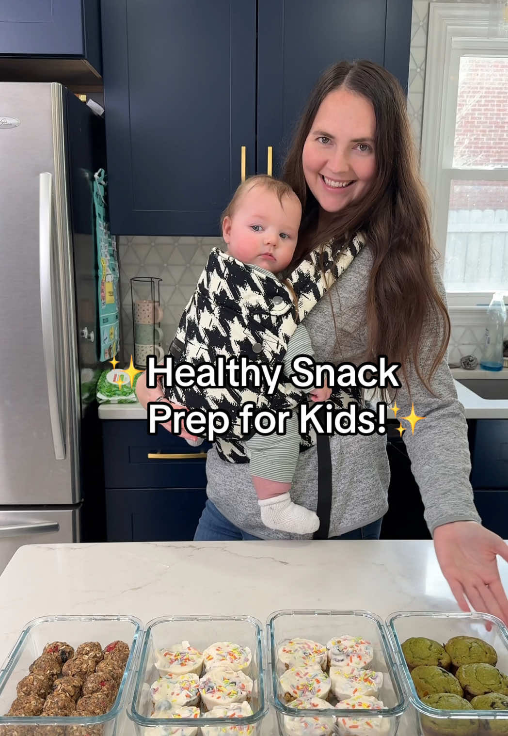 3 easy, kid-approved snacks you’ll feel good about! ☺️ These are on repeat in our house. Share this video with a mama! Chocolate Chip Banana Spinach Muffins  Ingredients  •2 small bananas  •2 cups of lightly packed baby spinach •3/4 cup milk •1/3 cup honey •2 tablespoons melted butter •2 eggs •1 teaspoon vanilla extract •1 cup rolled oats •1 teaspoon baking soda •1/8 teaspoon salt  •1 cup flour •Mini chocolate chips Directions  1)Preheat your oven to 375 degrees F and line or grease your muffin tin.   2)Place all ingredients into a blender except the flour, baking soda, salt and chocolate chips. Blend until very smooth!  3)Pour your mixture into a bowl and then add in your flour, baking soda, & salt. Once everything is mixed together pour your batter into the muffin tin, filling each cup 3/4 full. Then sprinkle your chocolate chips on top. 4)Bake for 15 -18 minutes until they are lightly brown around the edges. 5)Let cool and enjoy!  Frozen Yogurt Granola Cups 🫐 Ingredients  •3 cups yogurt  •1 cup blueberries  •2 cups granola  •1/3 cup peanut butter  •1/3 cup honey  Directions  1)Combine your granola, peanut butter, and honey.  2)Spoon mixture into your muffin mold. 3)Mash your blueberries and then mix it into your yogurt.  4)Freeze for four hours and enjoy!  Strawberry Chocolate Protein Balls 🍓 Ingredients  •2 cups old-fashioned oats  •1 1/2 cups peanut butter  •1/3 cup honey  •1/4 chia seeds  •1/3 cup chocolate protein powder •1/4 cup ground flaxseed •1/2 cup freeze dried strawberries & blueberries   Directions  1)Lightly blend oats in a food processor.  2)Add all of the ingredients together and mix until combined. 3)Roll into bite sized balls and enjoy!  — #momlife #EasyRecipes #snackideas #mealprep #foodforkids #toddlersnacks