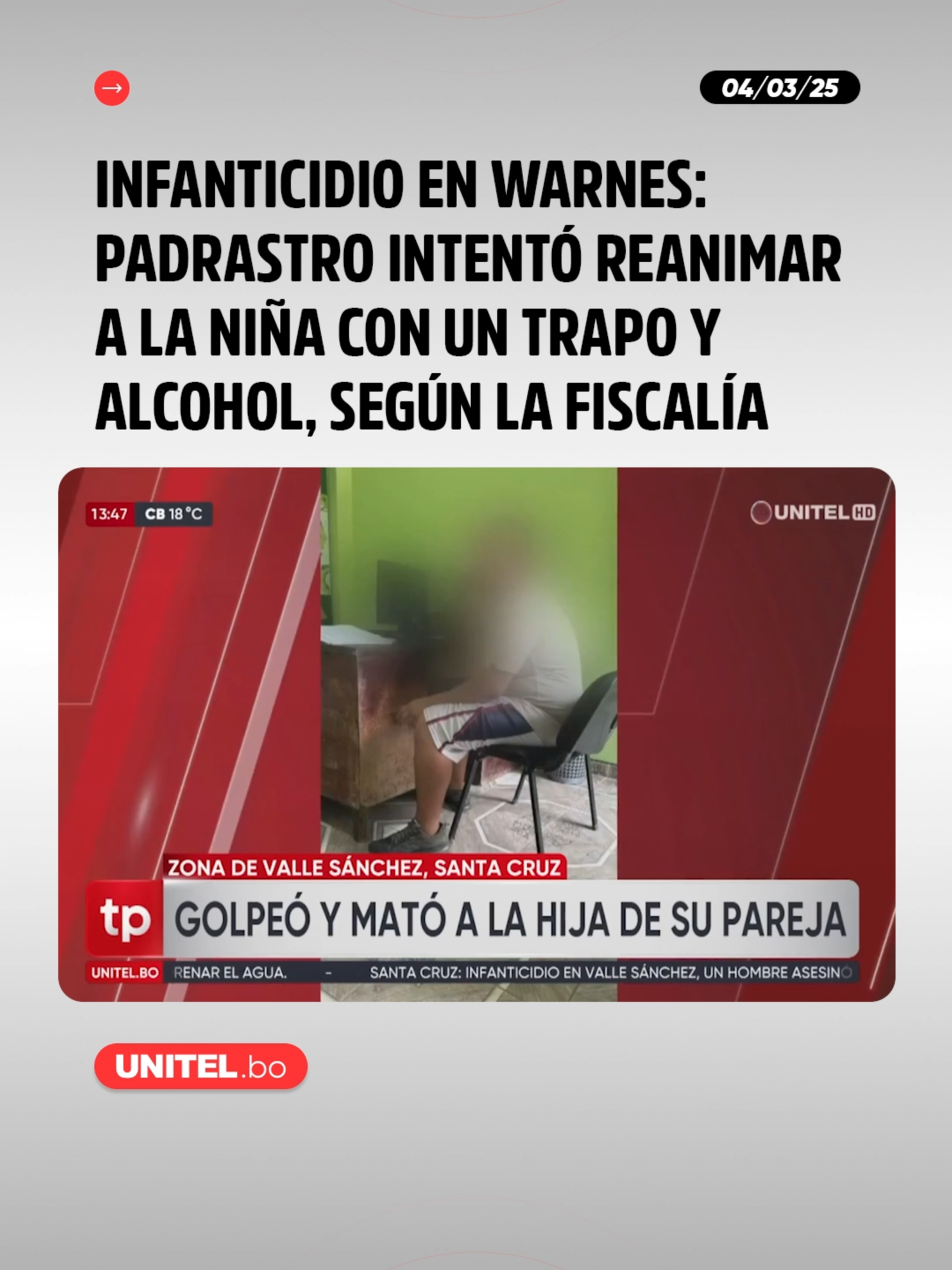 Un hombre fue aprehendido por la Policía tras haber sido acusado de provocar la muerte de su hijastra, una pequeña niña de dos años que se presume fue golpeada por este sujeto identificado como Iver S. V. de 19 años. #Seguridad #SantaCruz #UnitelBolivia #UnitelDigital #Telepaís #Unitel