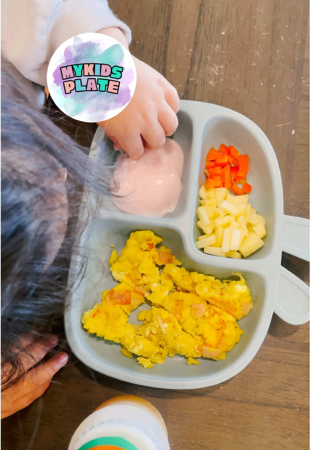 ⬇️ What’s on my kids plate ⬇️ ✅ Dairy: yogurt  ✅ Grains: granola ✅ Fruit: Apple ✅ Veggie: sweet mini peppers  ✅ Protein: scrambled egg with turkey deli meat #mykidsplate #kidsplate #kidsplates #kidsmeal #kidsmeals #kidsmealidea #kidsfood #kidsfoodinspo #kidsfoodideas #kidsmealtime #childrenmeals #childrenmealideas #childrenmeal #childrenfood #childrenfoodideas #cutekidsfood #cutechildrenfood #babyplates #babyplate #toddlerfoodideas #toddlerfoodie #toddlerbreakfast #toddlerlunch #toddlersnack #toddlerdinner #babybreakfast #babylunch #babysnack #babydinner 