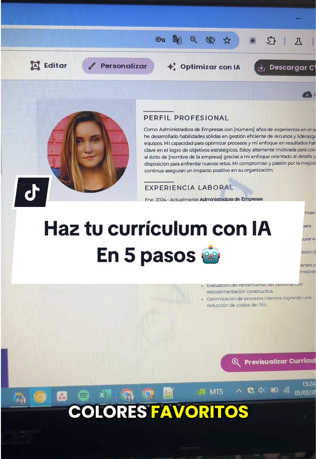 #cvia #inteligenciaartificial  📄 ¿Necesitas un CV profesional en minutos? 🚀 Te enseñamos cómo hacerlo con IA en 5 pasos: 1️⃣ Entra a app.cvcrea.es y elige tu plantilla favorita. 2️⃣ Completa tus datos básicos: nombre, contacto y redes. 3️⃣ Activa la magia de la IA para generar tu experiencia, habilidades y perfil en segundos. 🤖 4️⃣ Personaliza colores, tipografías y el diseño a tu gusto. 🎨 5️⃣ Descarga tu CV listo para enviar y empieza a postular. 💼 Así de fácil. Haz tu CV con IA y destaca en segundos.  ¡Corre a probarlo en app.cvcrea.es! 🚀 . . . #curriculum #ia #tipslaborales #trabajo #viralvideos 