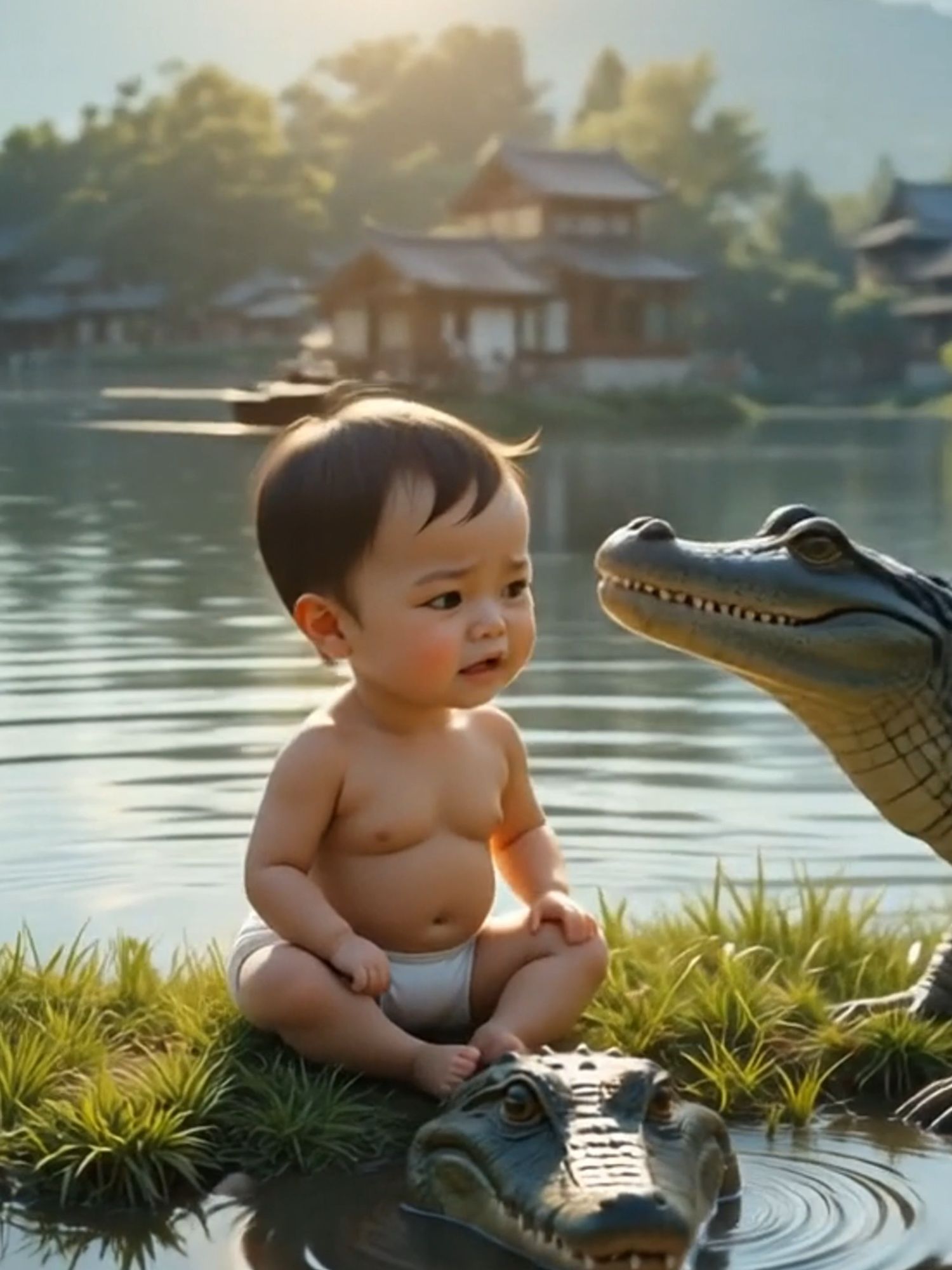 Cat saves child from crocodile🔥#ai #funnyvideos😂 #fyp #filmclips #cooking #tik_tok #baby