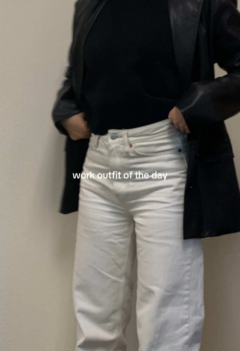 Trying to wear all the clothes in my closet! Wanted to wear a leather look for the office with mg leather blazer, black wool sweater, white jeans, and new leather mules! Outfit details  Leather jacket @Salvation Army Thrift Store  Sweater @Banana Republic  Jeans @Levi’s Mules @Clarks  #fyp #corporate #workoutfits #workoutfitsforwomen #corporateoutfits #outfitinspo #outfitideas #workoutfitideas #leatherblazer #whitejeans #mules #howtostyle #elevatedstyle 